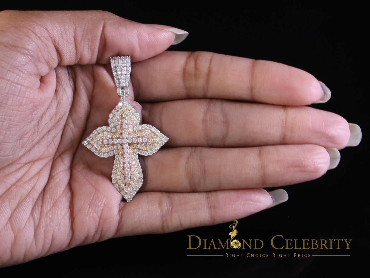Diamondcelebritees Yellow 3.00 VVS D Moissanite Silver Charm Cross Floury Pendant Men's & Women's