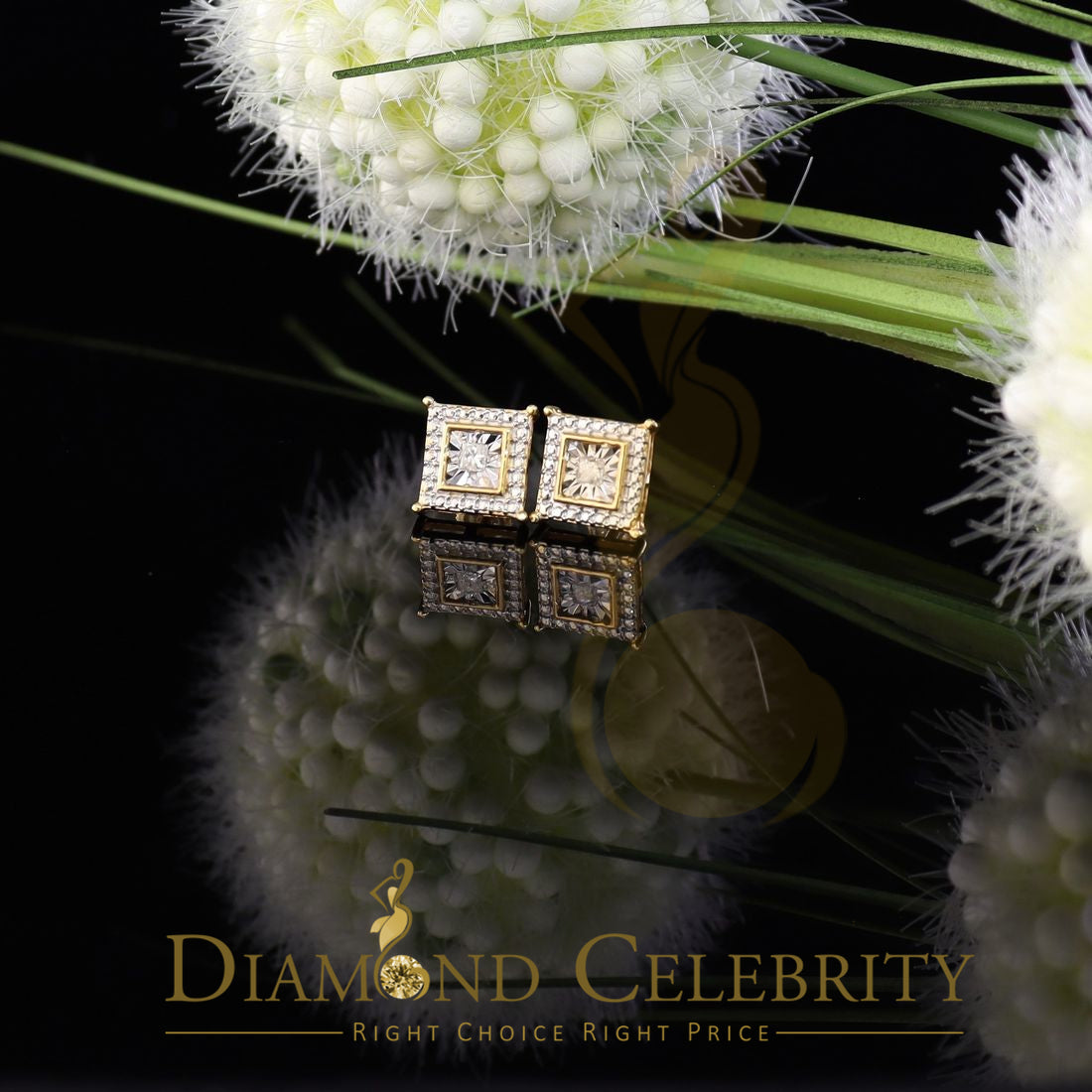 DiamondCelebritees 0.10ct Diamond Stud Earrings Yellow 925 Sterling Silver For Men's & Women's