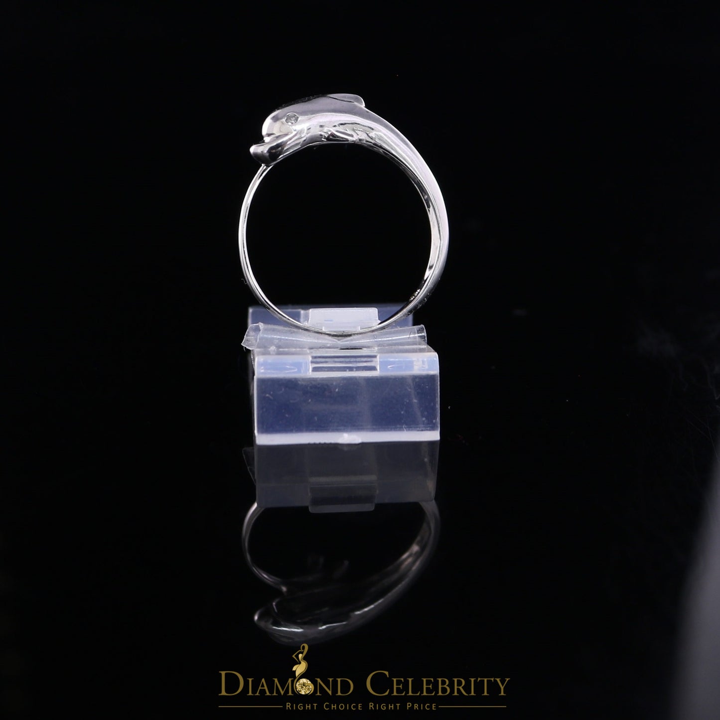DiamondCelebritees Real 10 kt White Gold with 0.02 CT Genuine Diamond Cute Dolphin Ring Size 6.5