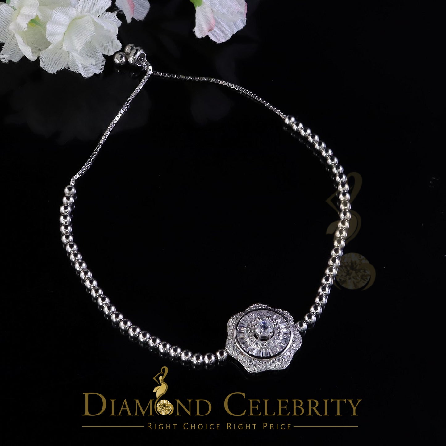 Diamondcelebritees 925 Sterling Silver Solitaire White Bracelet Cubic Zirconia Adjustable SZ 7 Inch