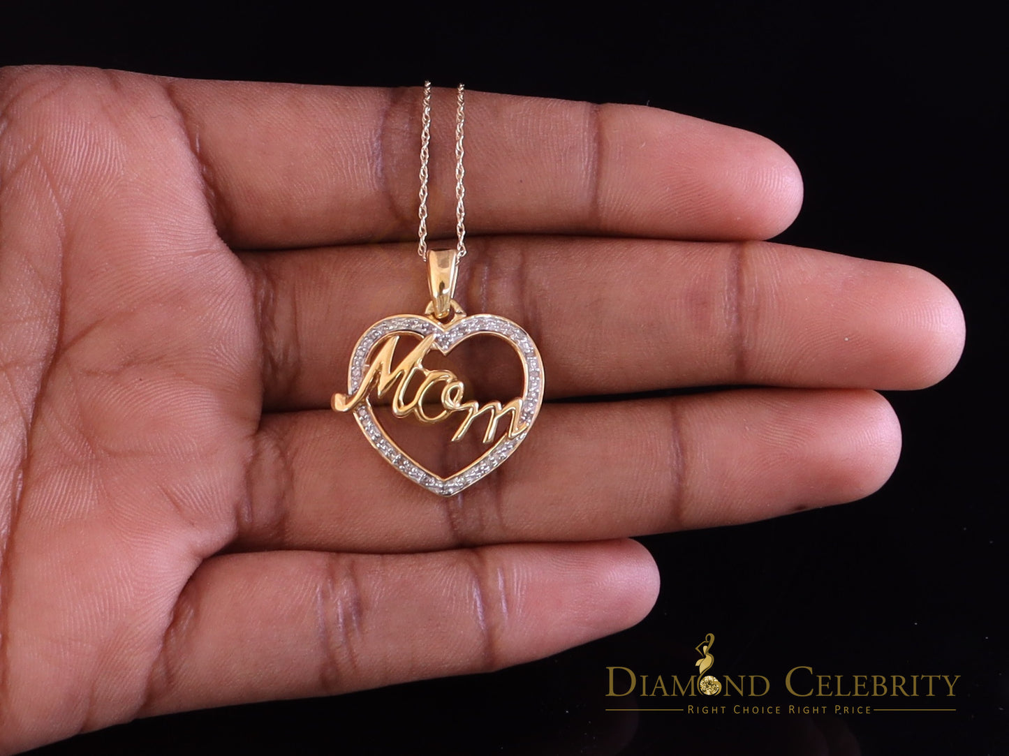 DiamondCelebritees Real 0.10ct Diamond Sterling Silver MOM'S HEART Charm Necklace Yellow Pendant