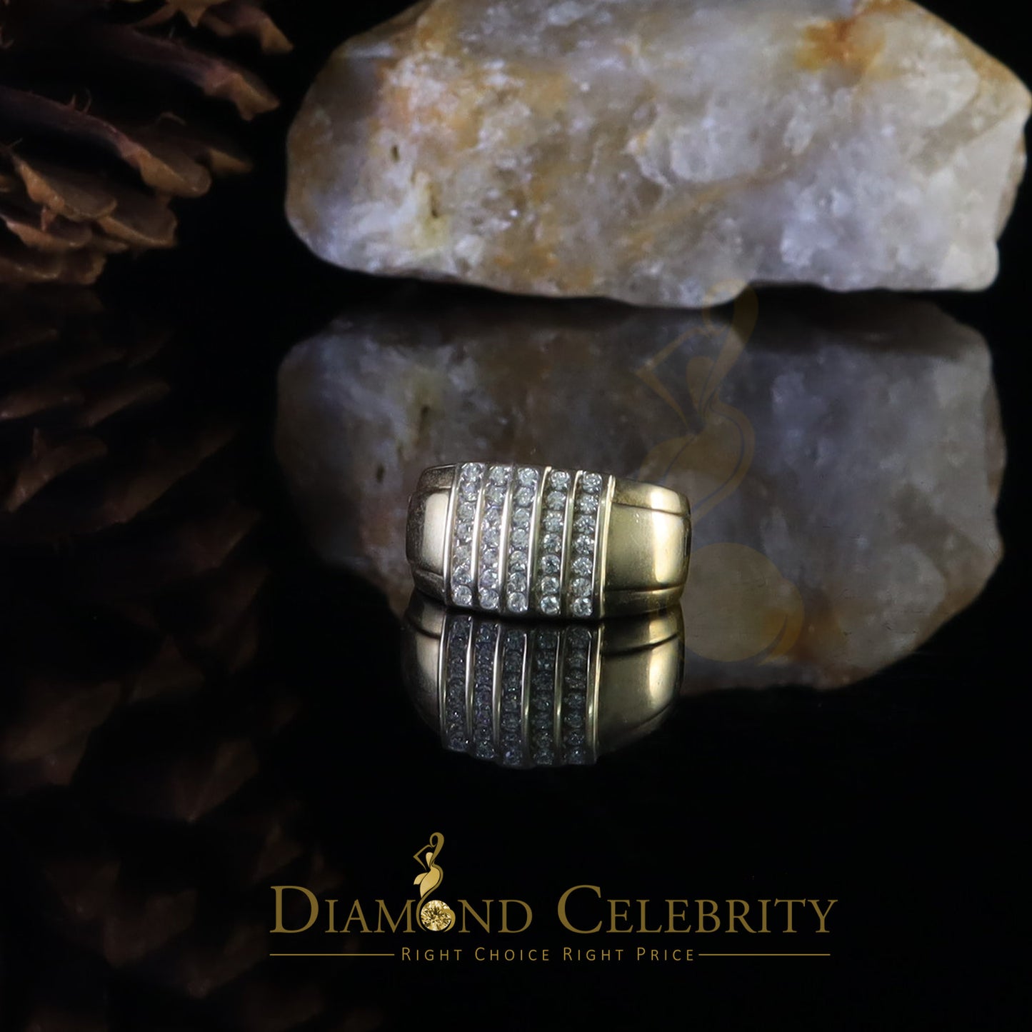 DiamondCelebritees Yellow Silver Rhodium Plated CZ 1.40ct Wide Band Men Adjustable Ring SZ 8 to 10