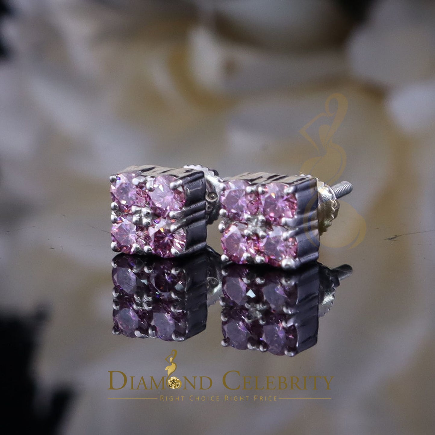 Diamondcelebritees 925 Silver White 1.00ct VVS D Pink Moissanite Square Men's/Women's Stud Earrings