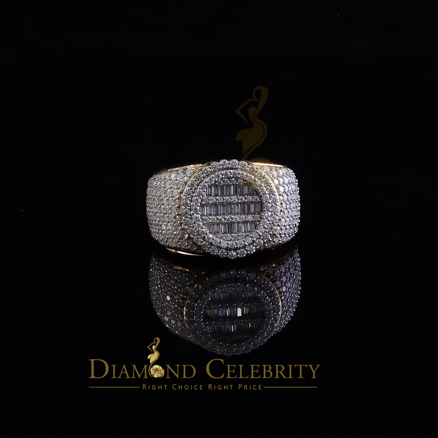 DiamondCelebritees Yellow Silver 4.50ct VVS 'D' Moissanite Baguette Round Rings Size 10 for Men's