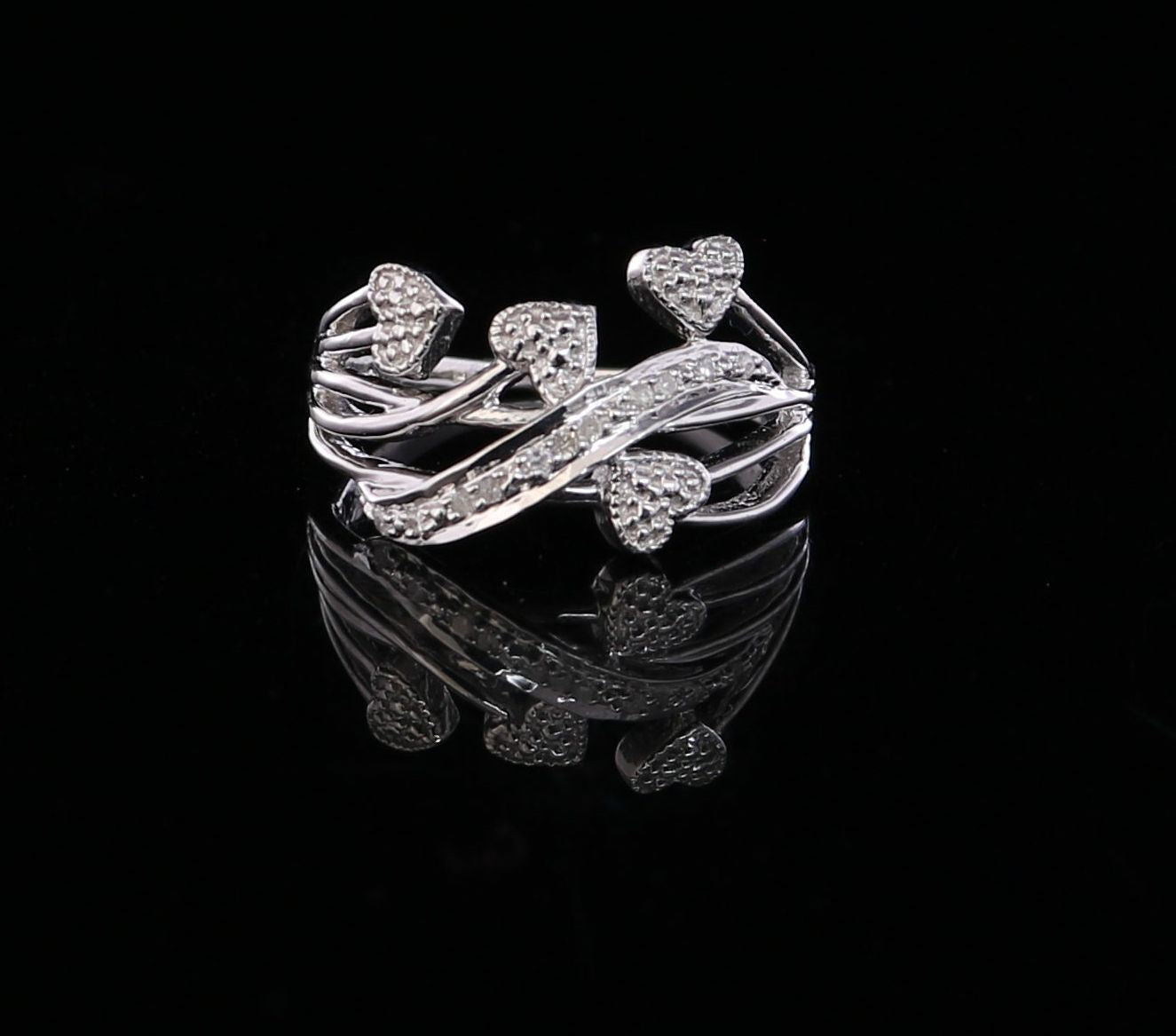 DiamondCelebritees 0.06 CT Real Diamond Womens Sterling Silver Multiple Heart White Ring Size 6.5