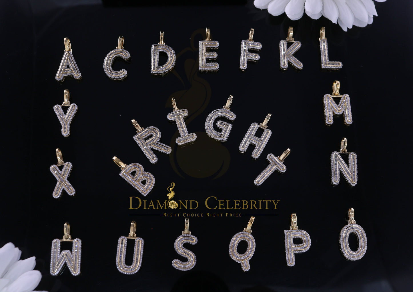DiamondCelebritees Yellow Bugutte Initial All Alphabet Sterling Silver Pendant with Cubic Zirconia