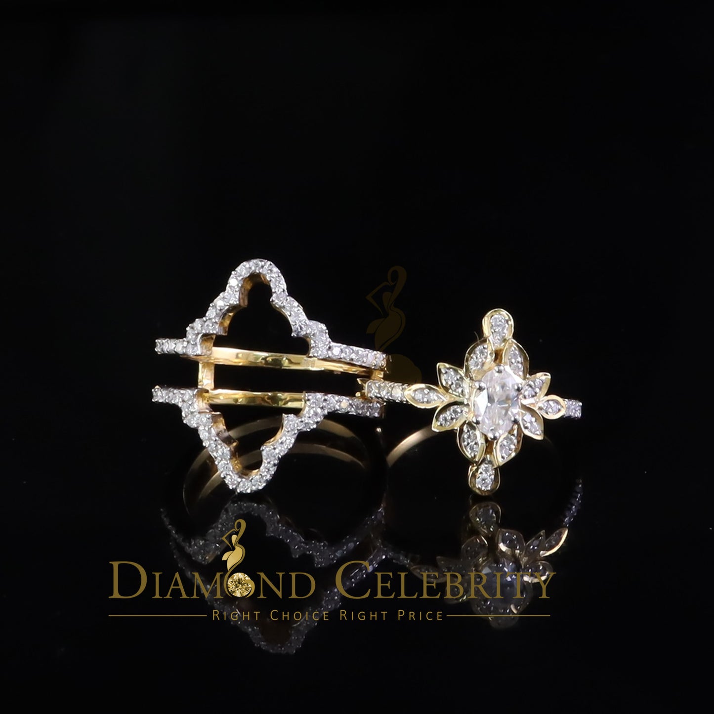 DiamondCelebritees 2.00ct VVS D Moissanite Fancy Ring W/ Guard in SZ 7 Yellow 925 Silver for Women