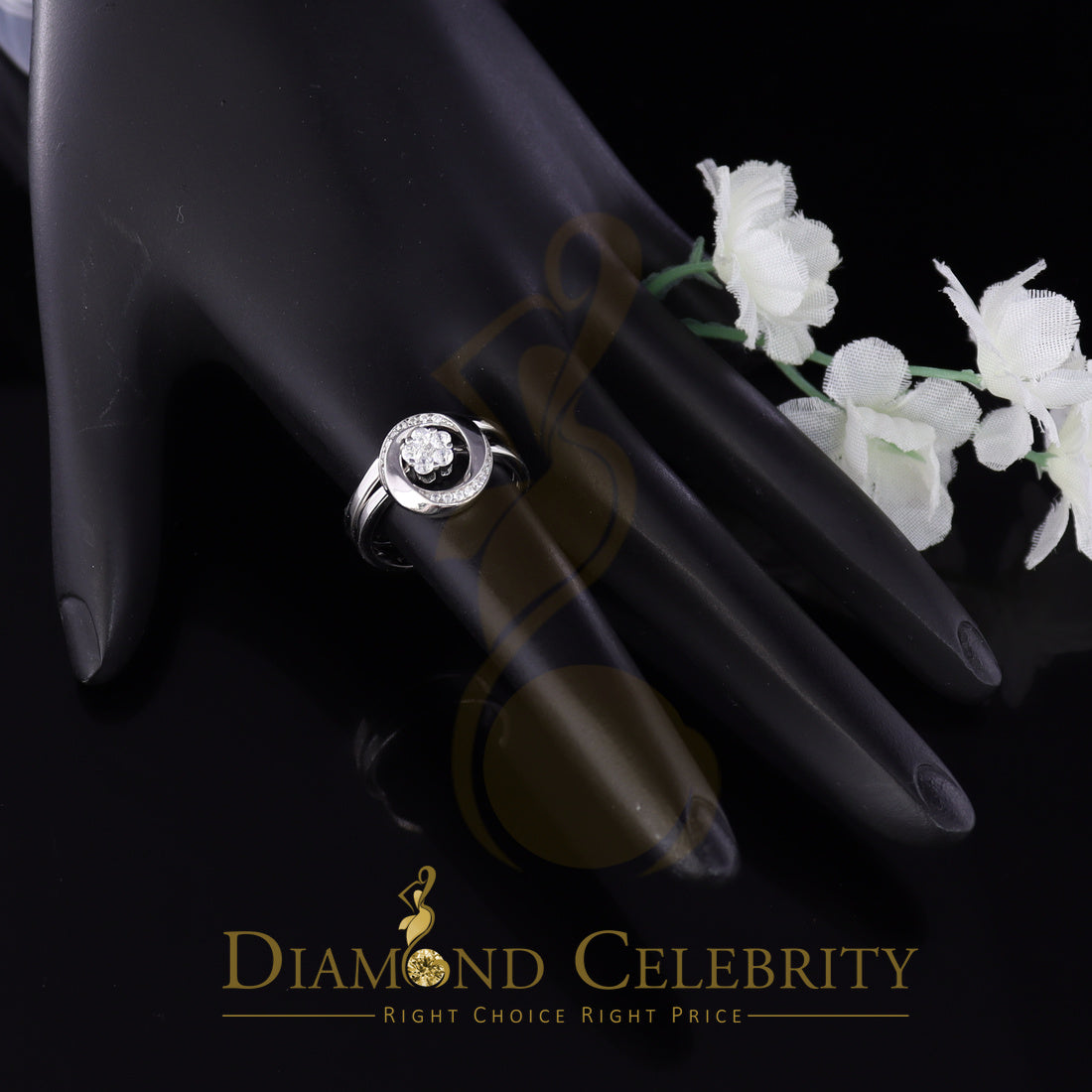 DiamondCelebritees 925 Sterling White Silver 0.45ct Cubic Zirconia Floral Bridal Womens Ring Size 6