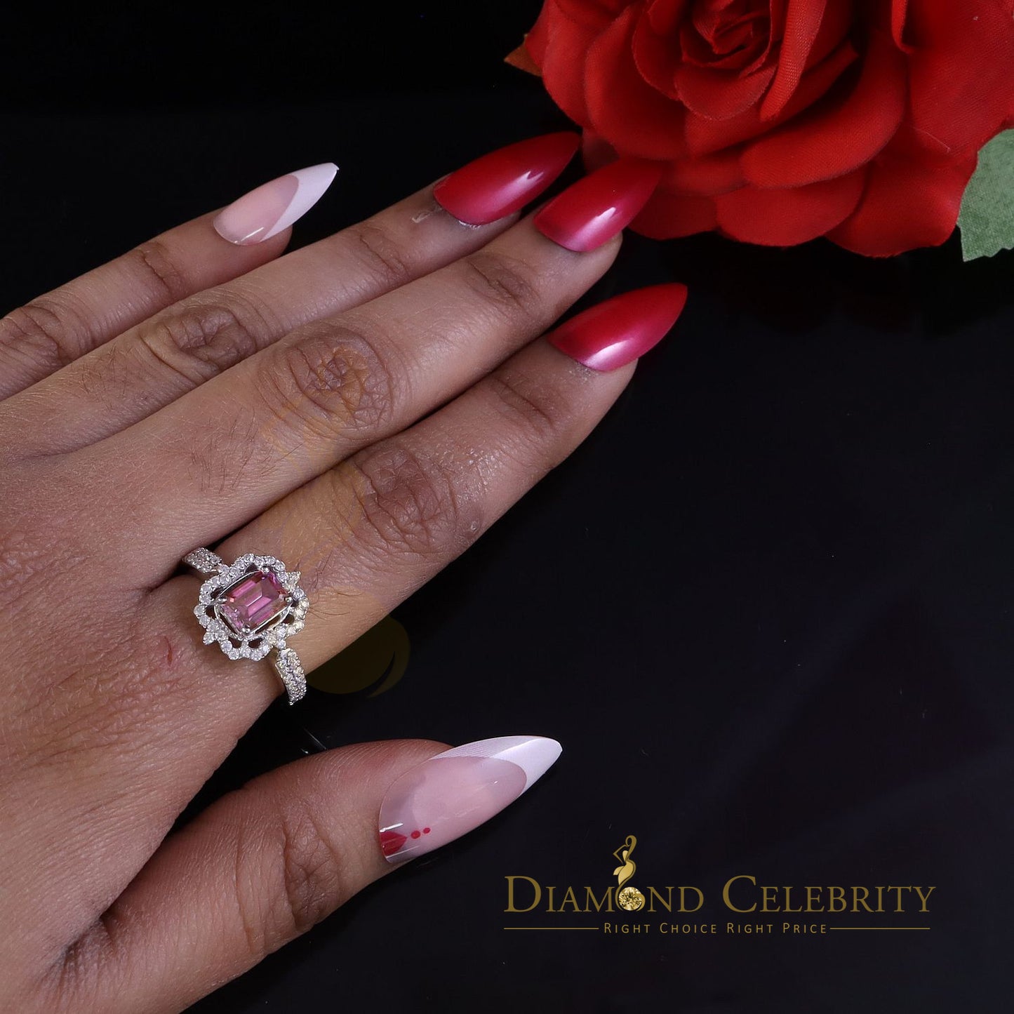 DiamondCelebritees 2.00CT Women's 925 Silver VVS D Pink & White Moissanite Emerald Ring SZ 7