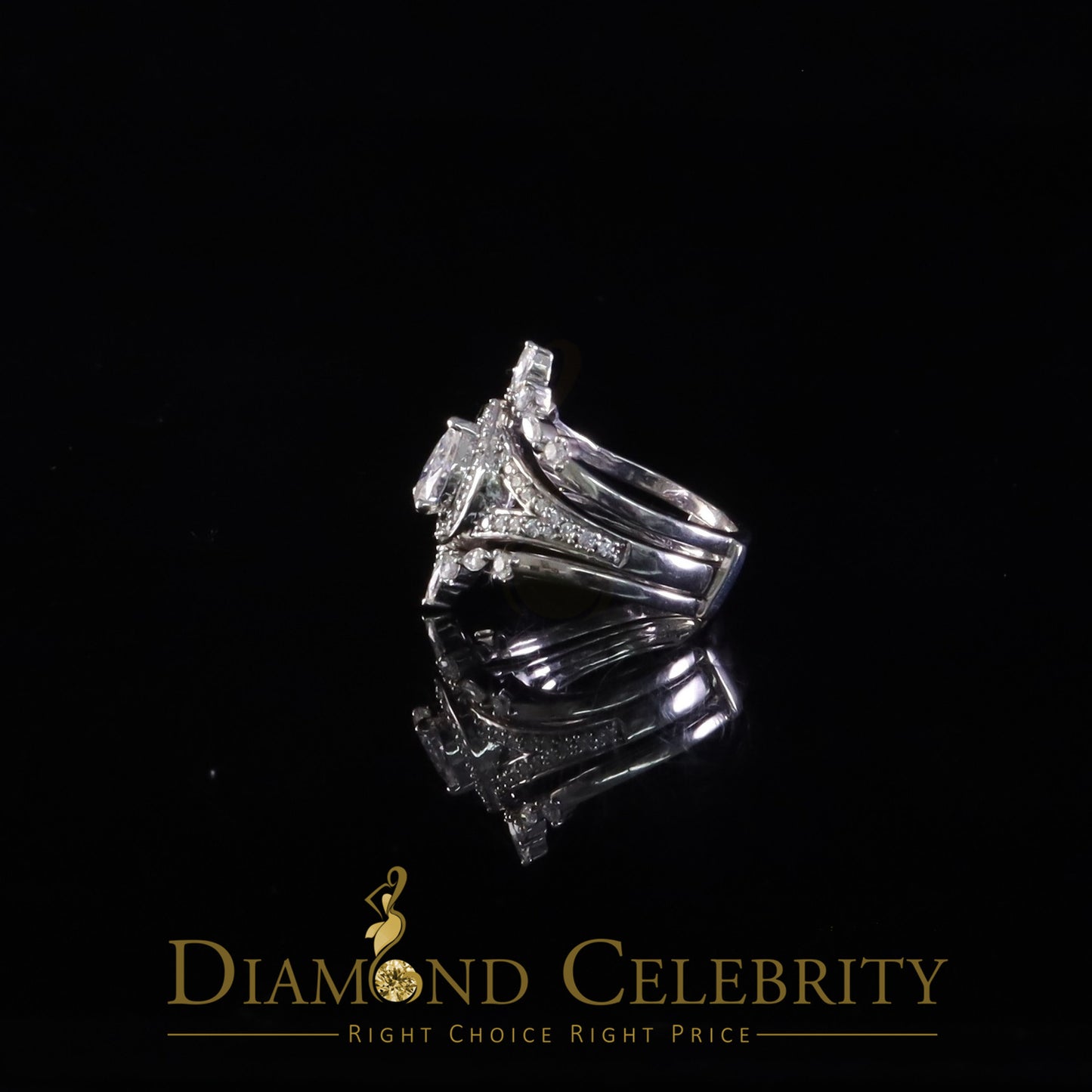 DiamondCelebritees Pear Shape Moissanite Women's 925 Silver White 1.66ct VVS 'D' Ring Guard Size 7