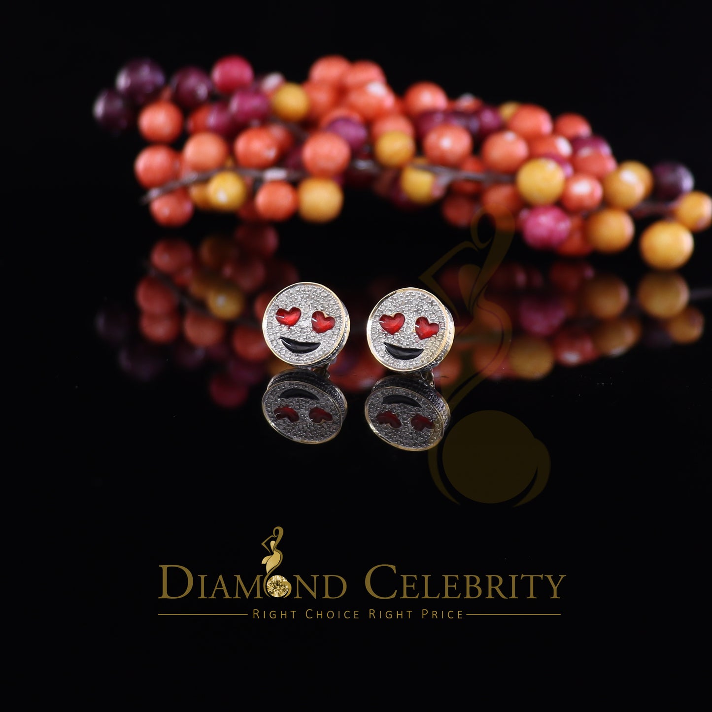 DiamondCelebritees 925 Sterling Yellow Silver 0.33ct Diamond Men's & Women's Love Emoji Earrings