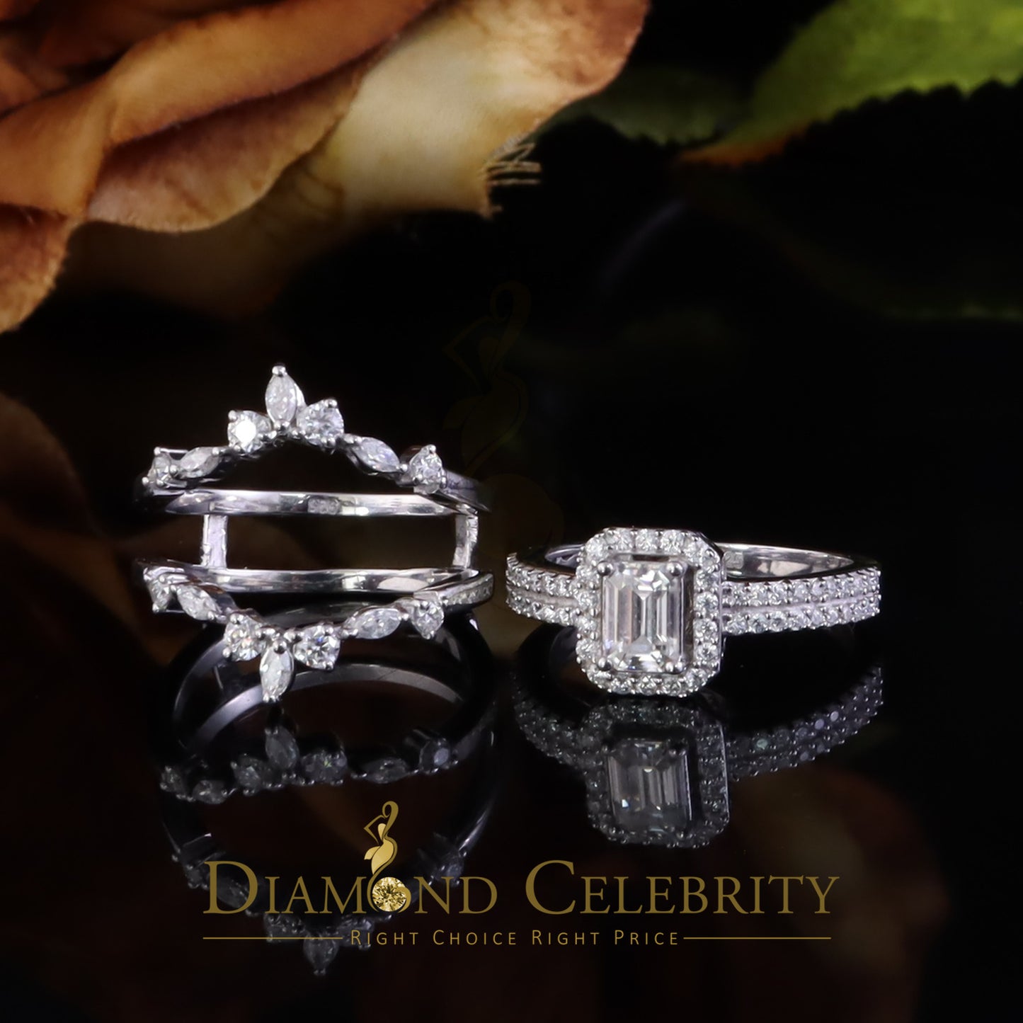 DiamondCelebritees 925 Silver Moissanite White 2.0ct Emerald Cut Round Guard Wrap womens Rings SZ 7