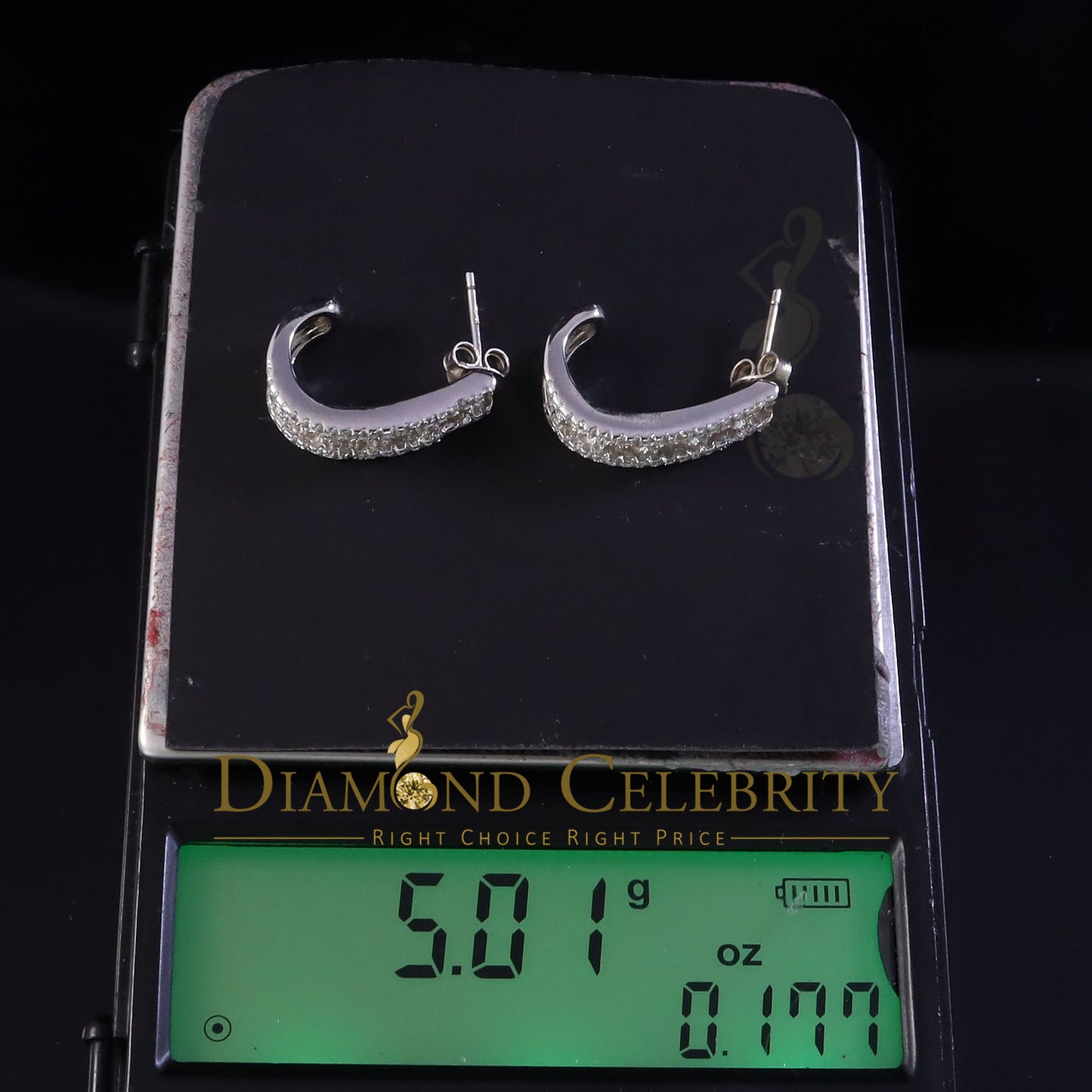 DiamondCelebritees 925 Sterling Silver Mens hip hop white Gold Iced 3 row Huggie Hoop earrings