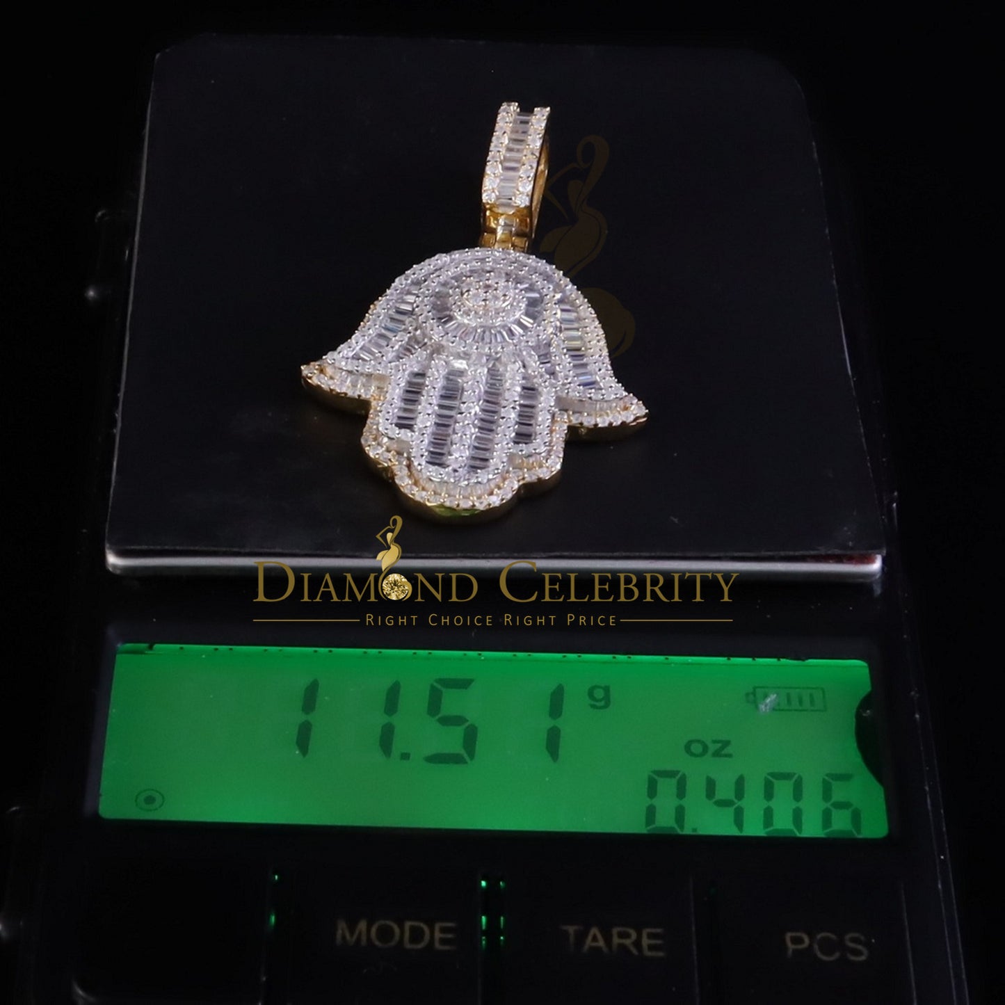Diamondcelebritees 4.00ct VVS D Hamsa Baguette Silver Moissanite Yellow Pendant For Mens/Womens