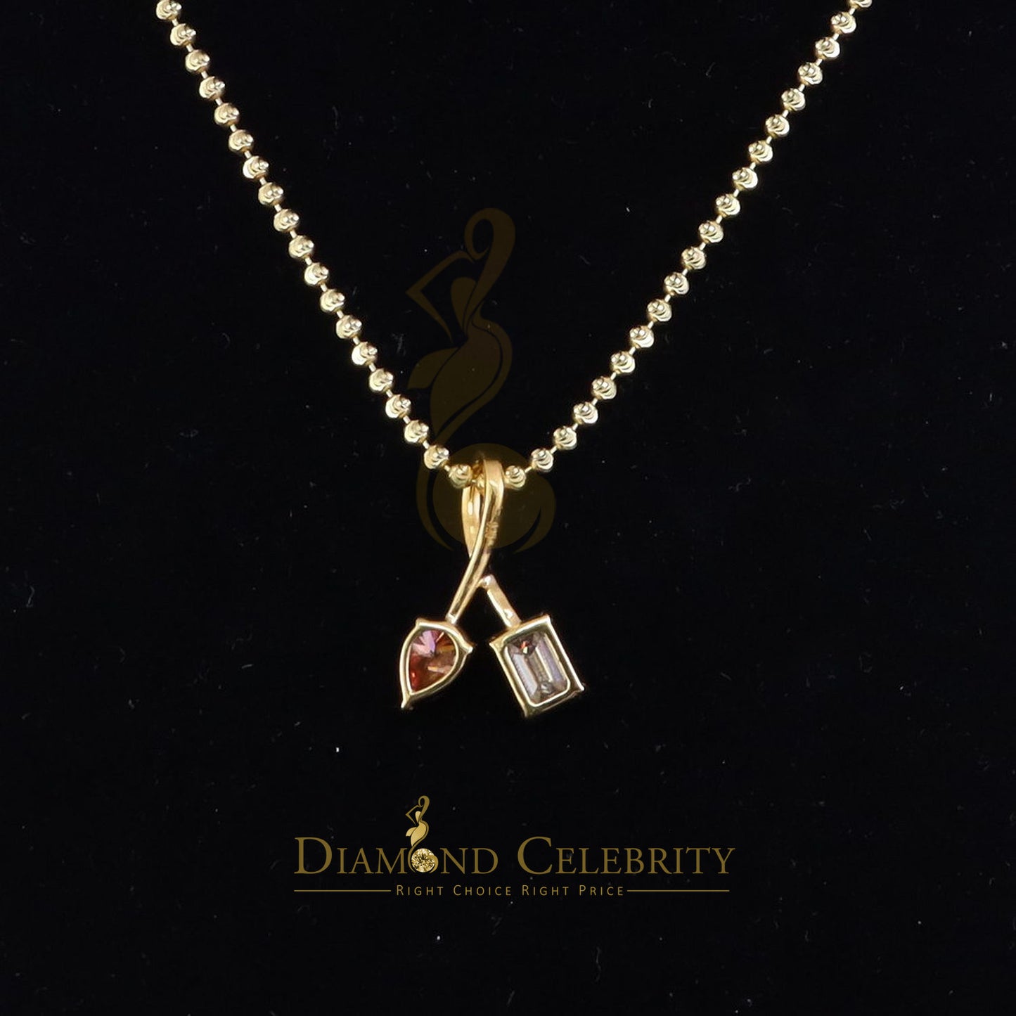 Diamondcelebritees Women's Yellow 925 Silver 2.00ct VVS D Pink Moissanite Pear & Emerald Pendant