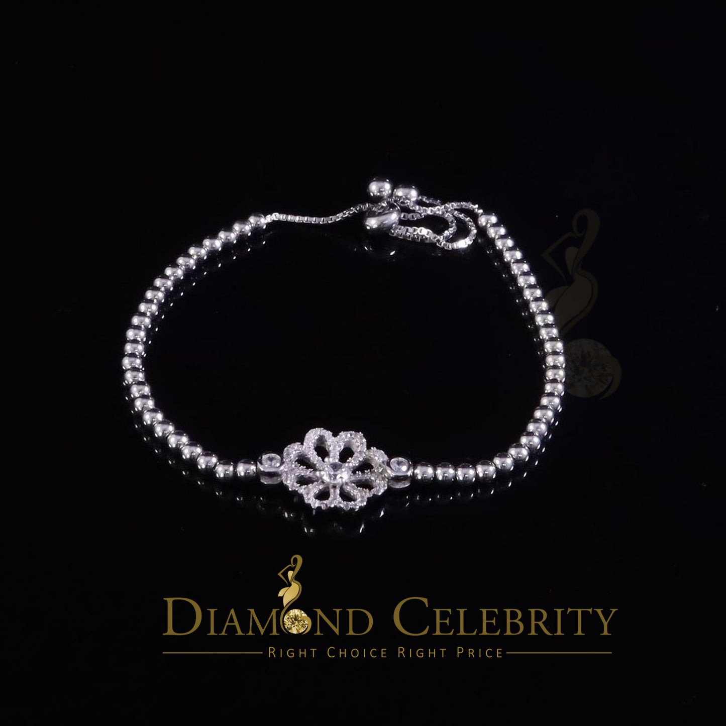 Diamondcelebritees White Sterling Silver Cubic Zirconia Floral Shape Bracelet Adjustable SZ 7 Inch