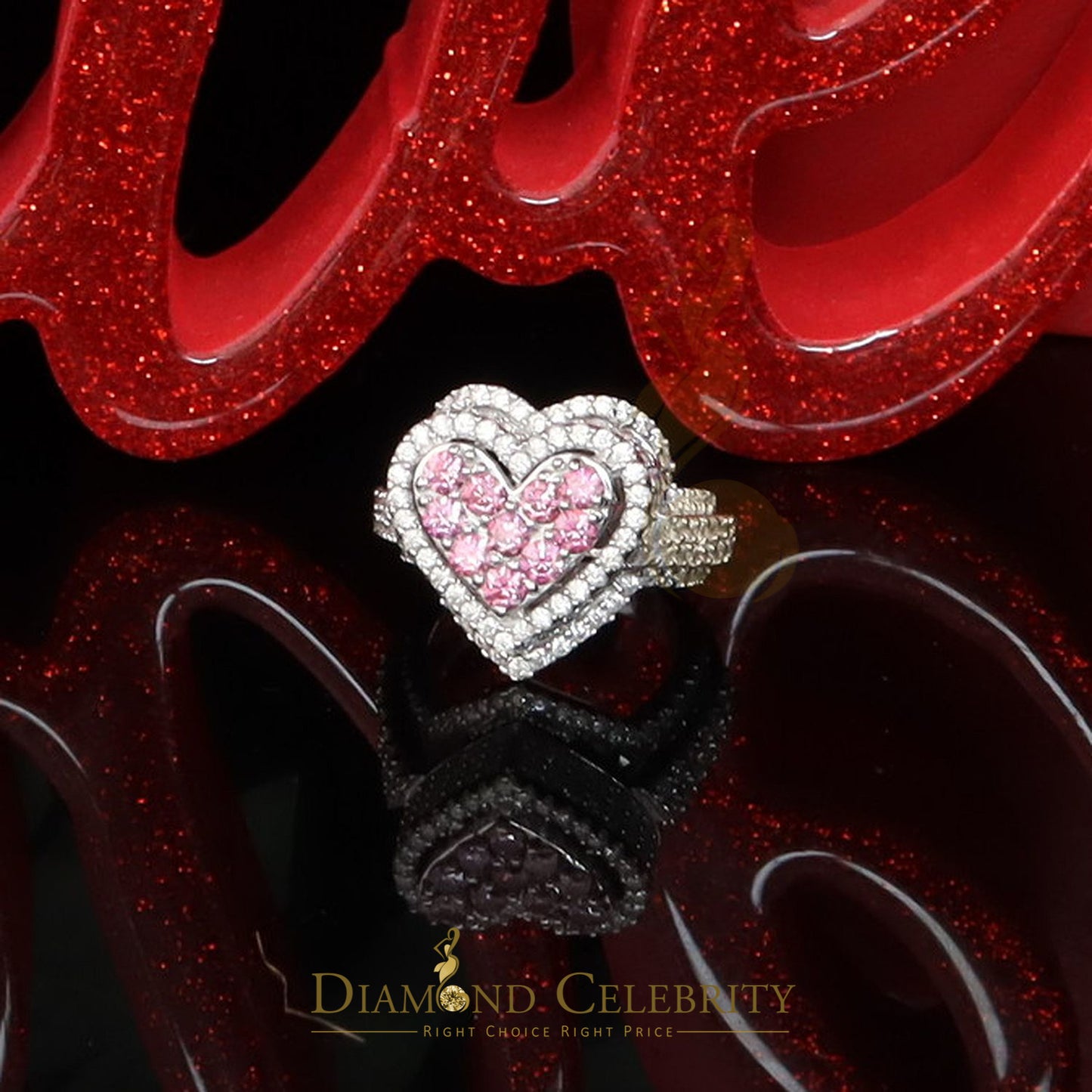 DiamondCelebritees New 5.00CT Women's Pink & White 3D Heart Moissanite Ring VVS 'D' 925 Silver White Sz7