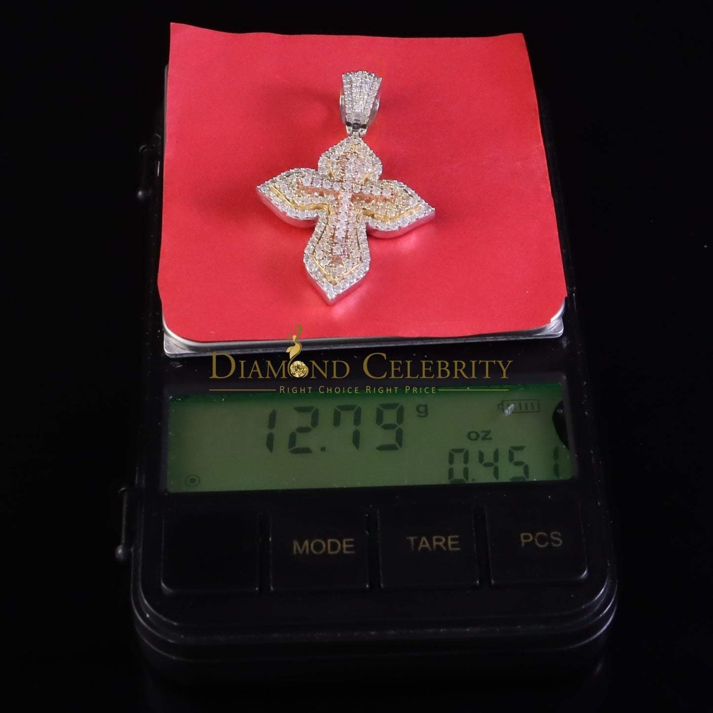 Diamondcelebritees Yellow 3.00 VVS D Moissanite Silver Charm Cross Floury Pendant Men's & Women's