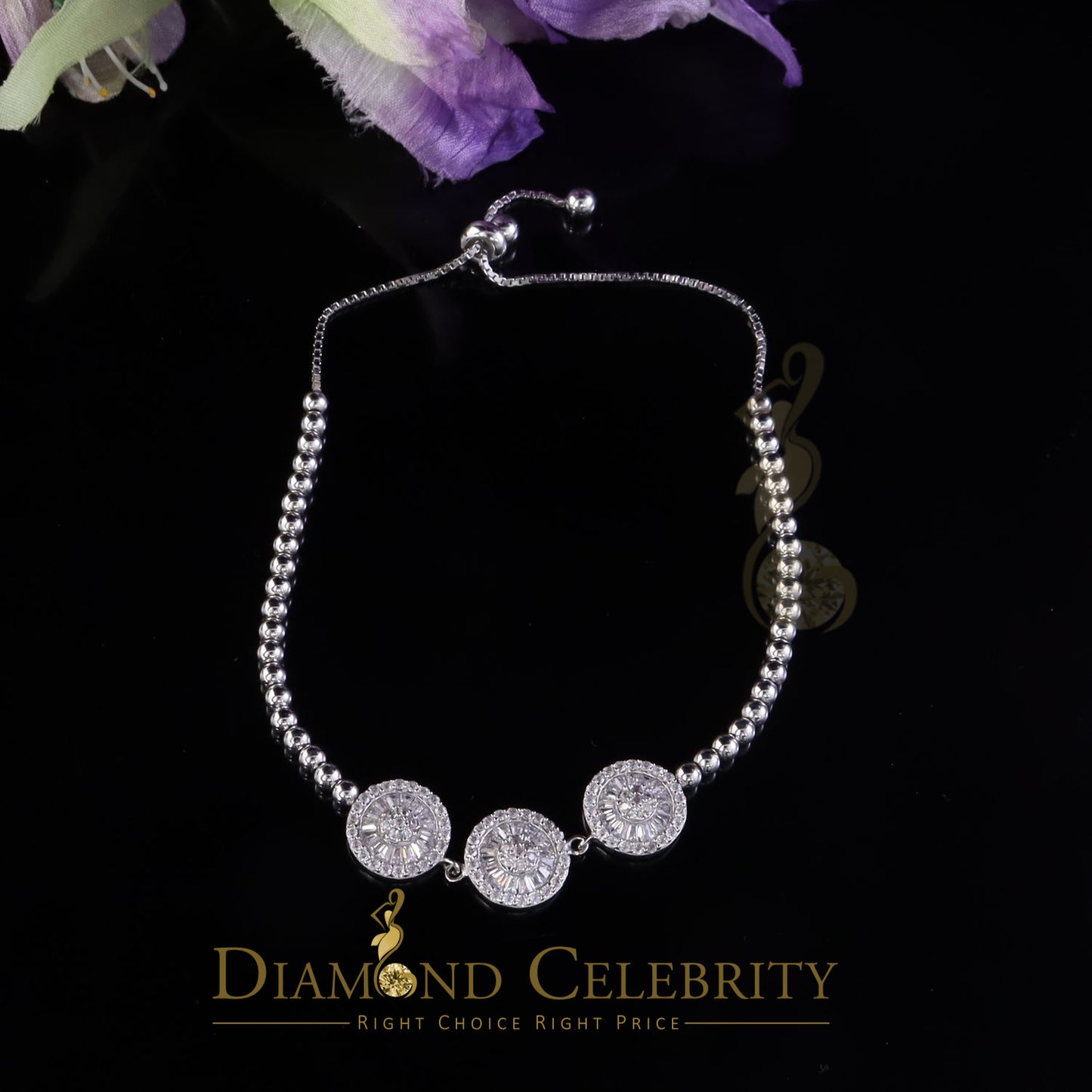 Diamondcelebritees Sterling Silver Fancy Round White Bracelet Cubic Zirconia Adjustable Size 7 Inch