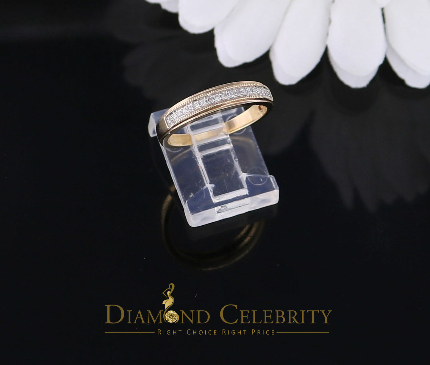 DiamondCelebritees Real 14 kt Yellow Gold and 0.10CT Real Diamond Ring Band Round Shape Ring Size 7