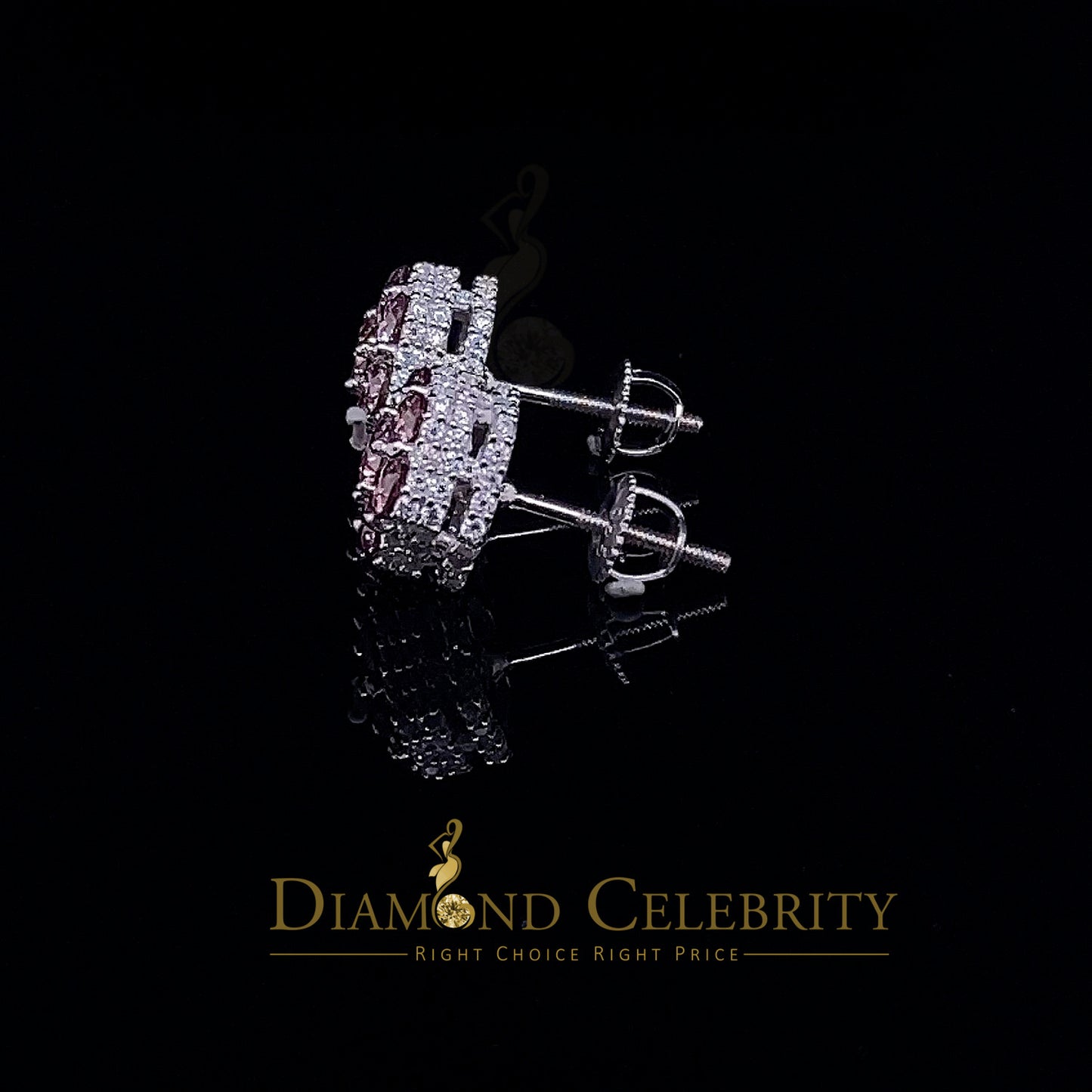 Diamondcelebritees 1.66CT VVS 'D' Pink Moissanite Men's/Women 925 White Silver Floral Stud Earrings