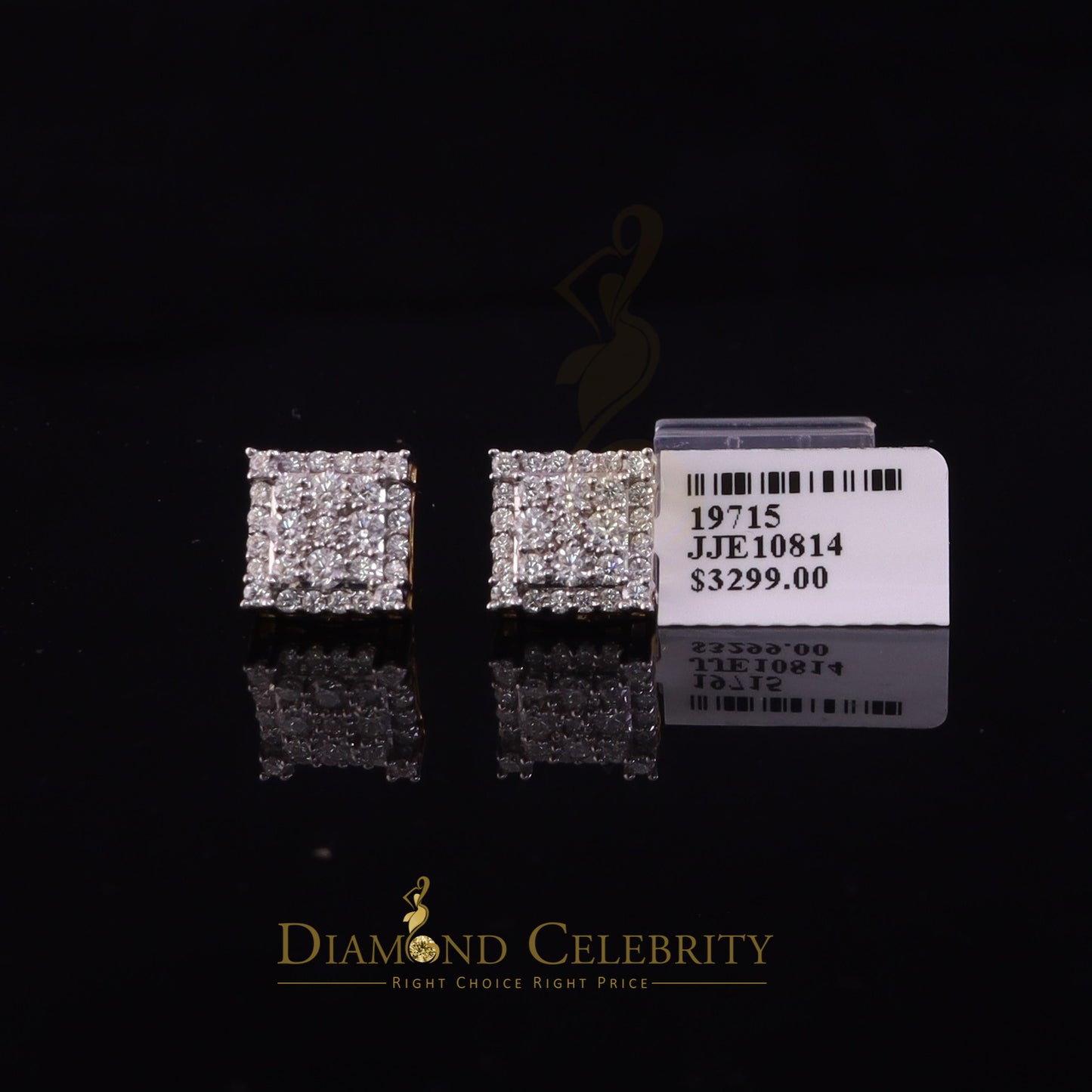 DiamondCelebritees 1.75ct Vvs 'D' Color Genuine Moissanite Stud SQUARE Earring10k Real Yellow Gold
