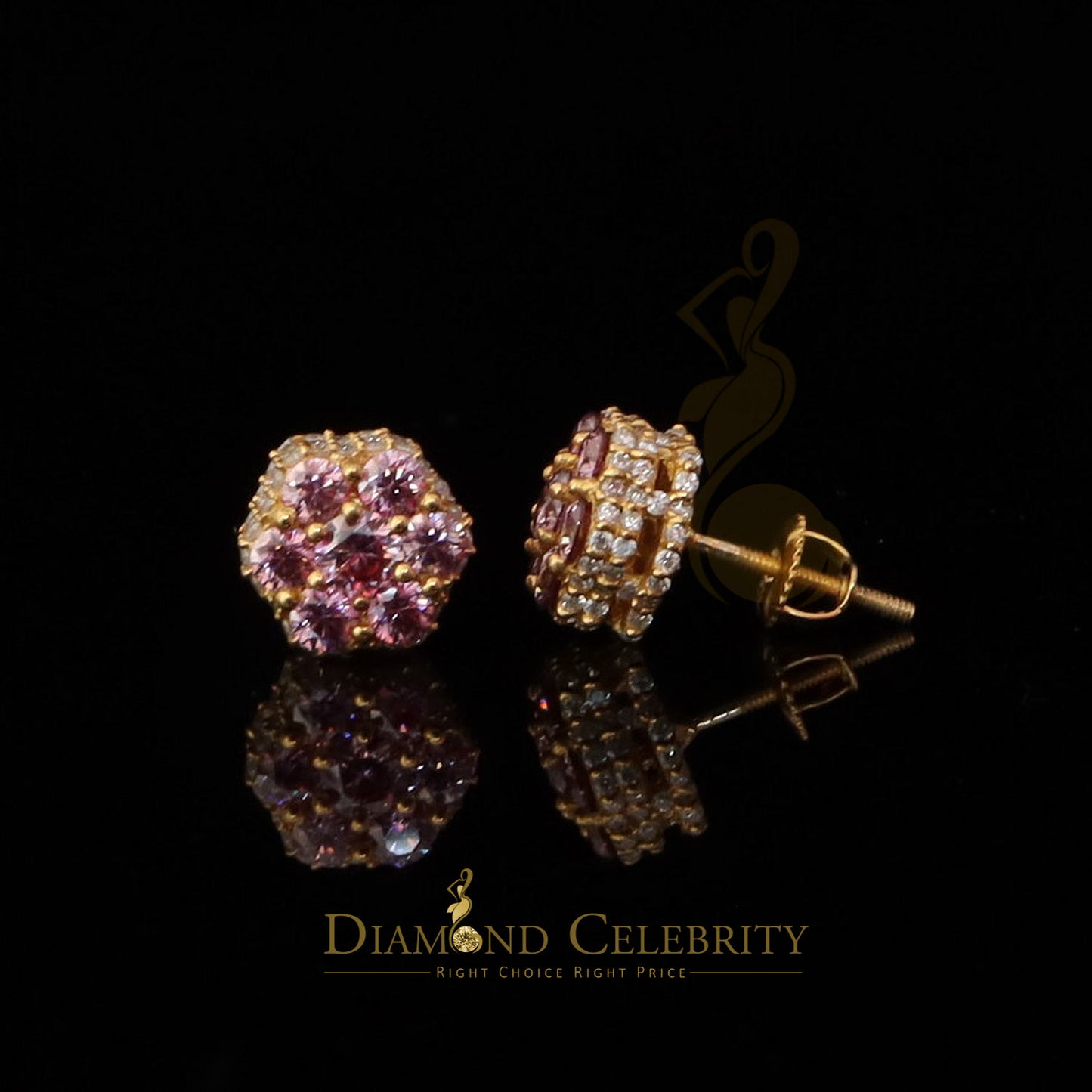DiamondCelebritees 2.00 CT VVS D Pink Moissanite Women's 925 Yellow Silver 3D Floral Stud Earrings
