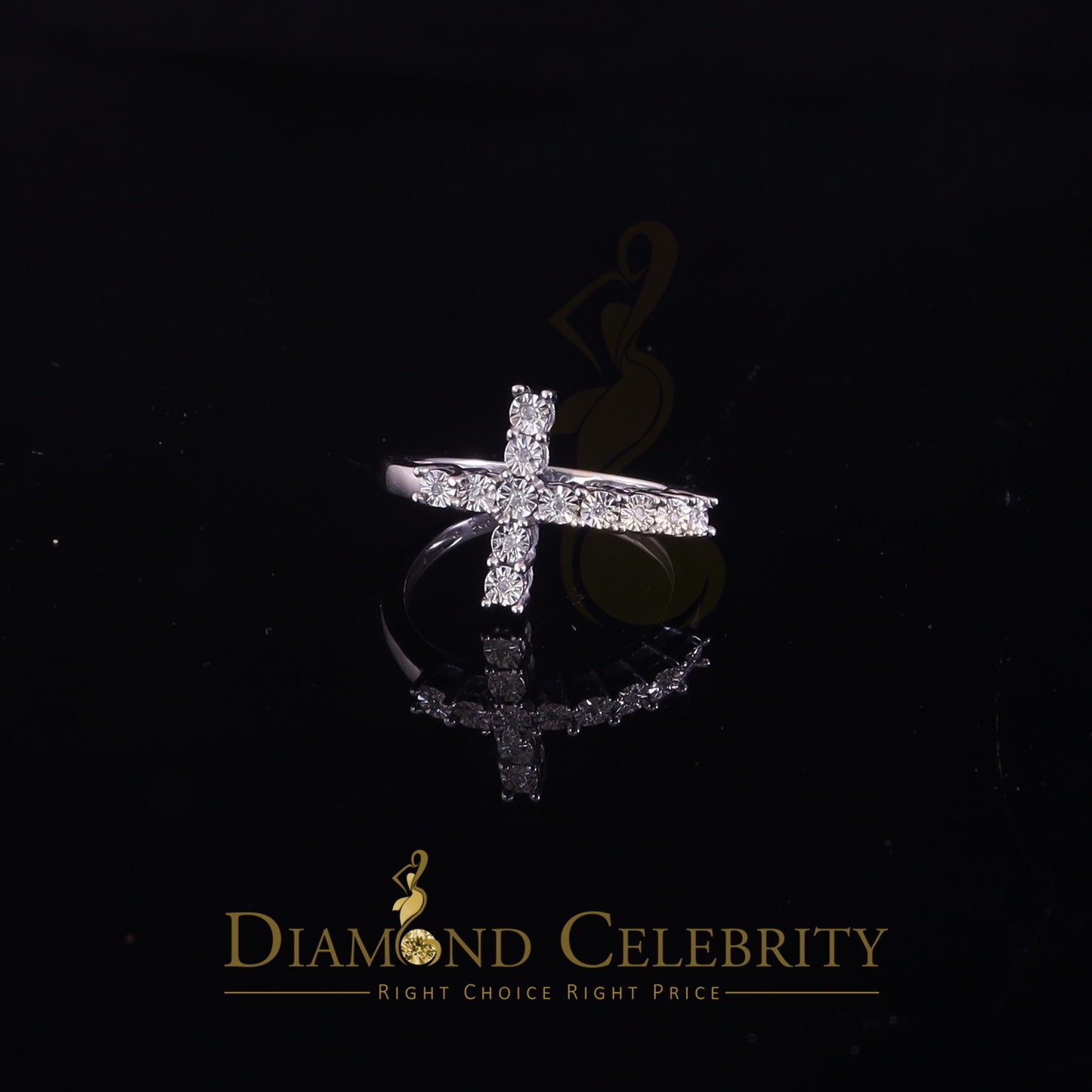 DiamondCelebritees 0.05ct Real Diamond 925 Sterling White Silver Sideways Cross Womens Ring Size 7