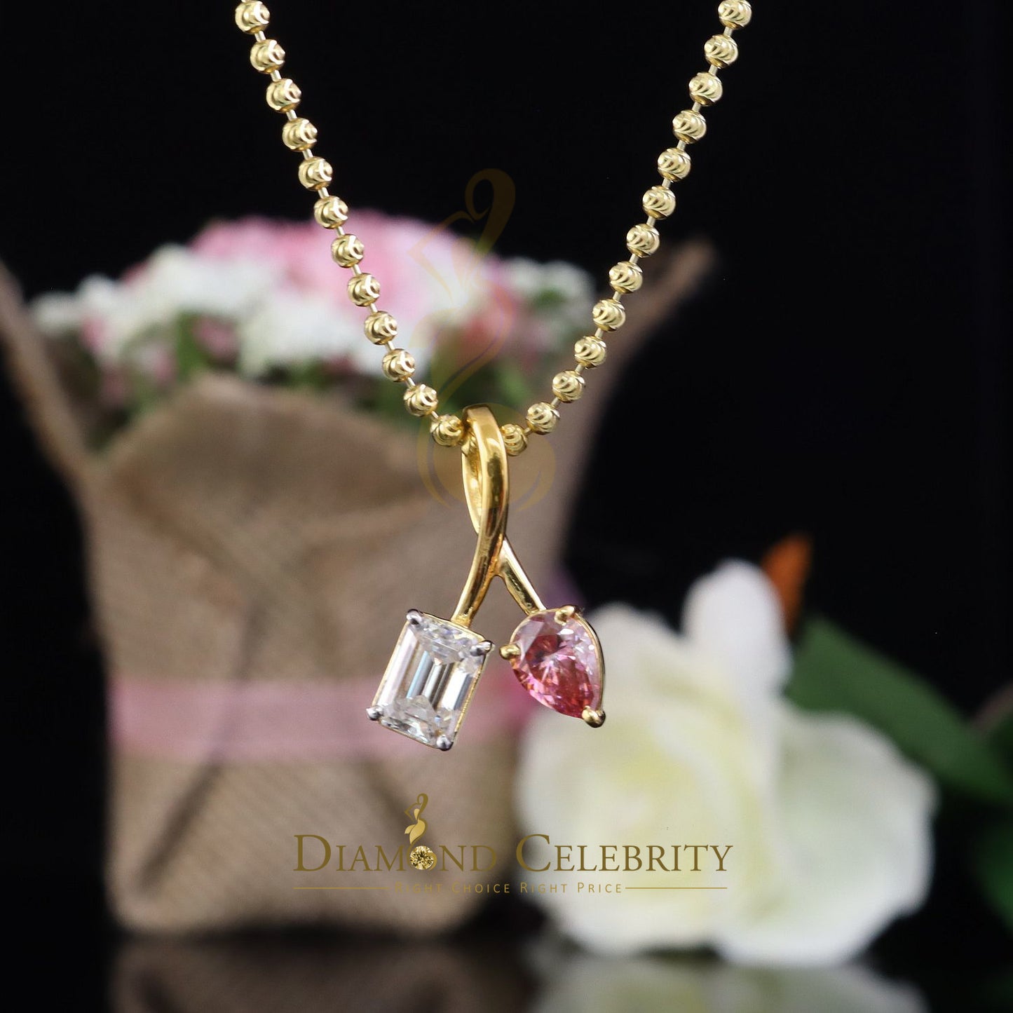 Diamondcelebritees Women's Yellow 925 Silver 2.00ct VVS D Pink Moissanite Pear & Emerald Pendant