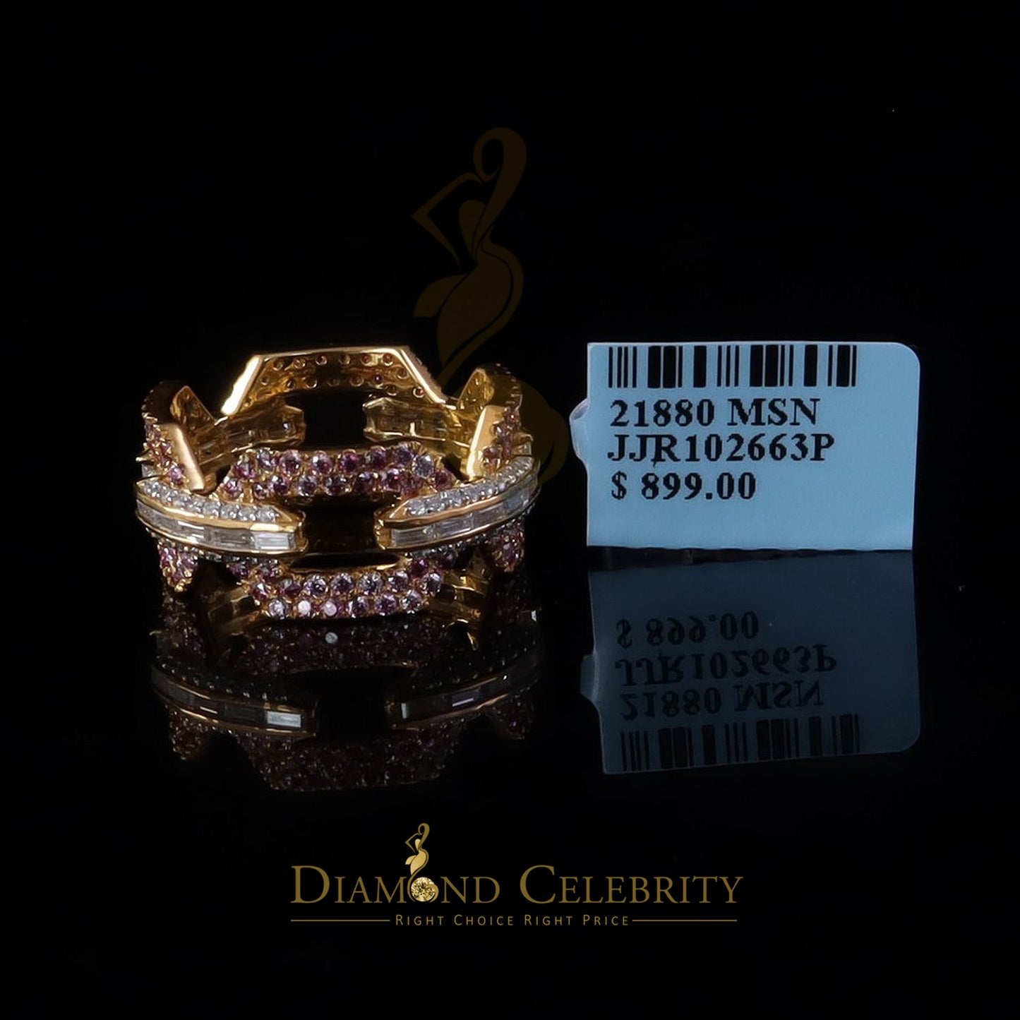 DiamondCelebritees 2.50CT Womens Pink Moissanite VVS D 925 Yellow Silver Baguette Eternity Ring Sz8