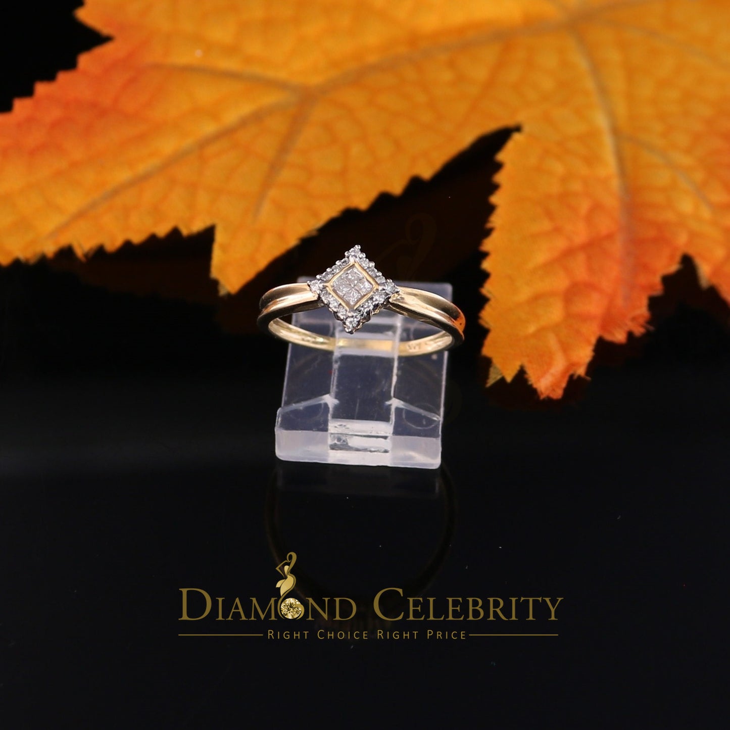 DiamondCelebritees Real 14kt Yellow Gold with 0.12CT Real Diamond Ring Square Shape Womens Size 7