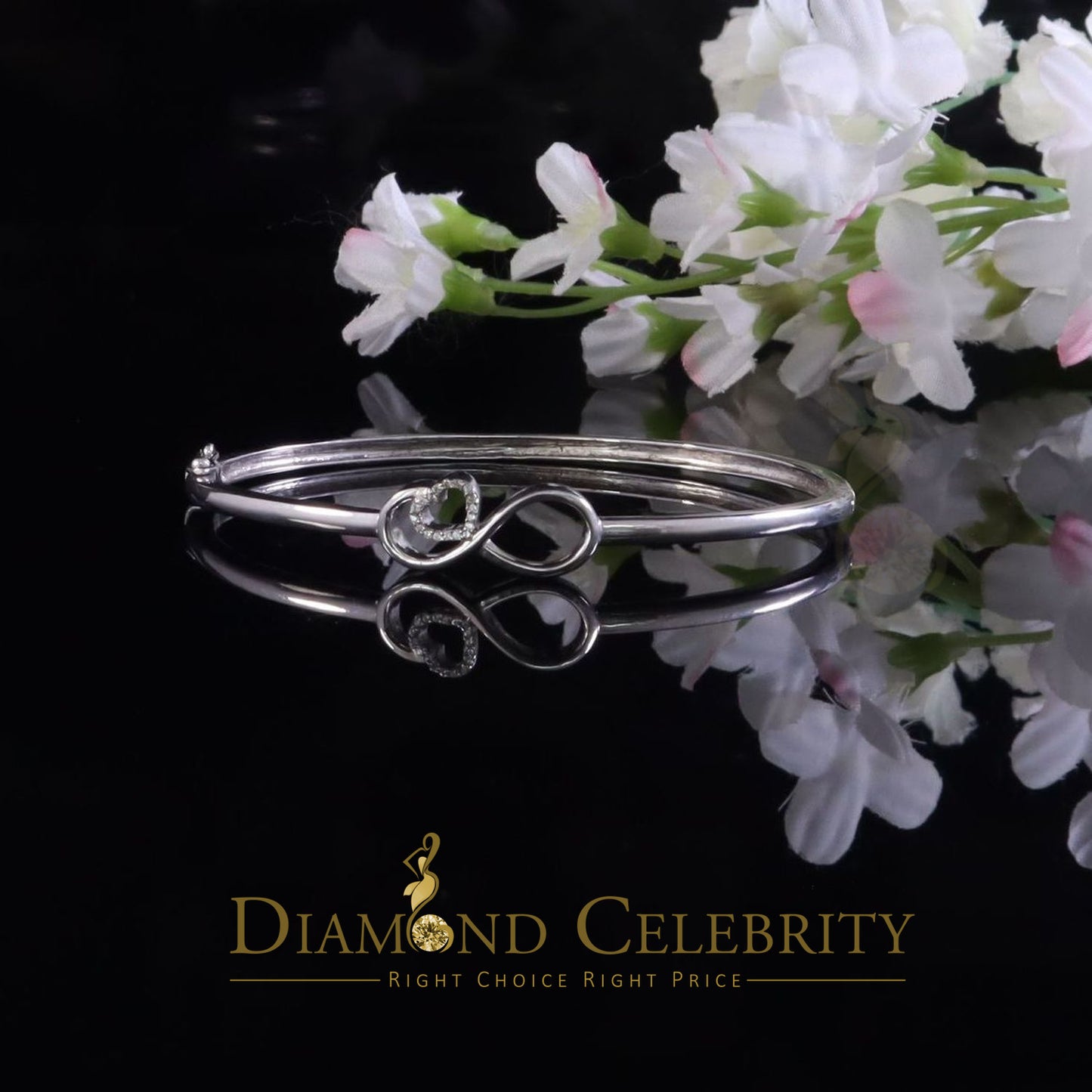DiamondCelebritees Sterling Silver White Heart Infinity Bangle 0.14ct Cubic Zirconia Size 7 Inch