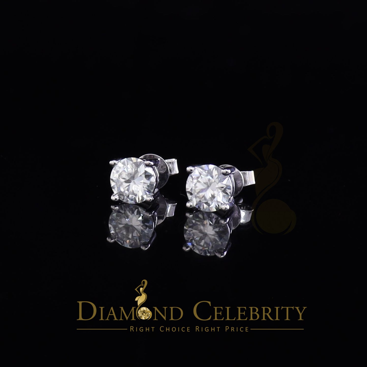 DiamondCelebritees 10K Real White Gold with 2.00ct Round VVS 'D' Color Moissanite Stud Earrings