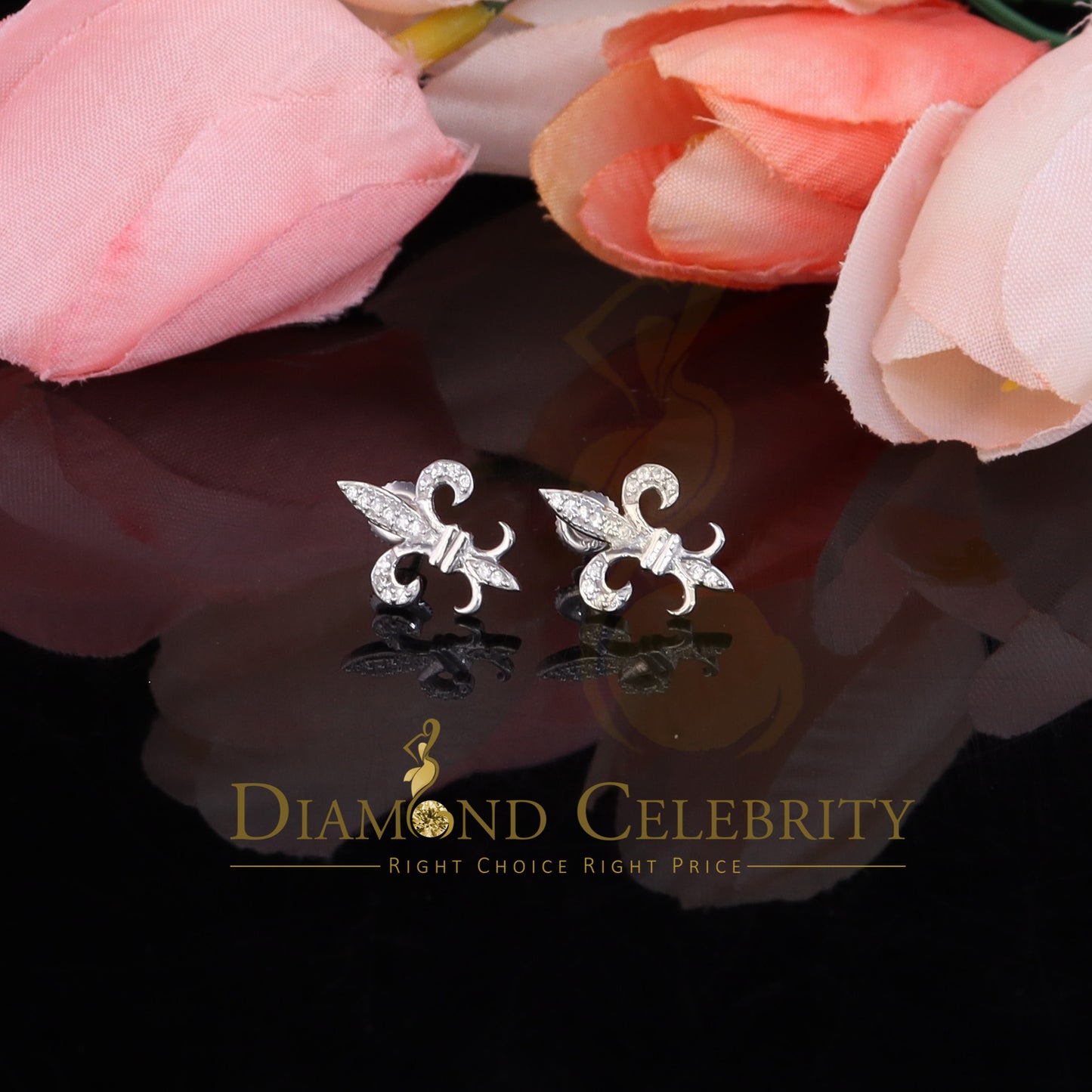 DiamondCelebritees 925 White Silver Fleur de Lis Screw Back 0.25ct Cubic Zirconia Women's Earrings