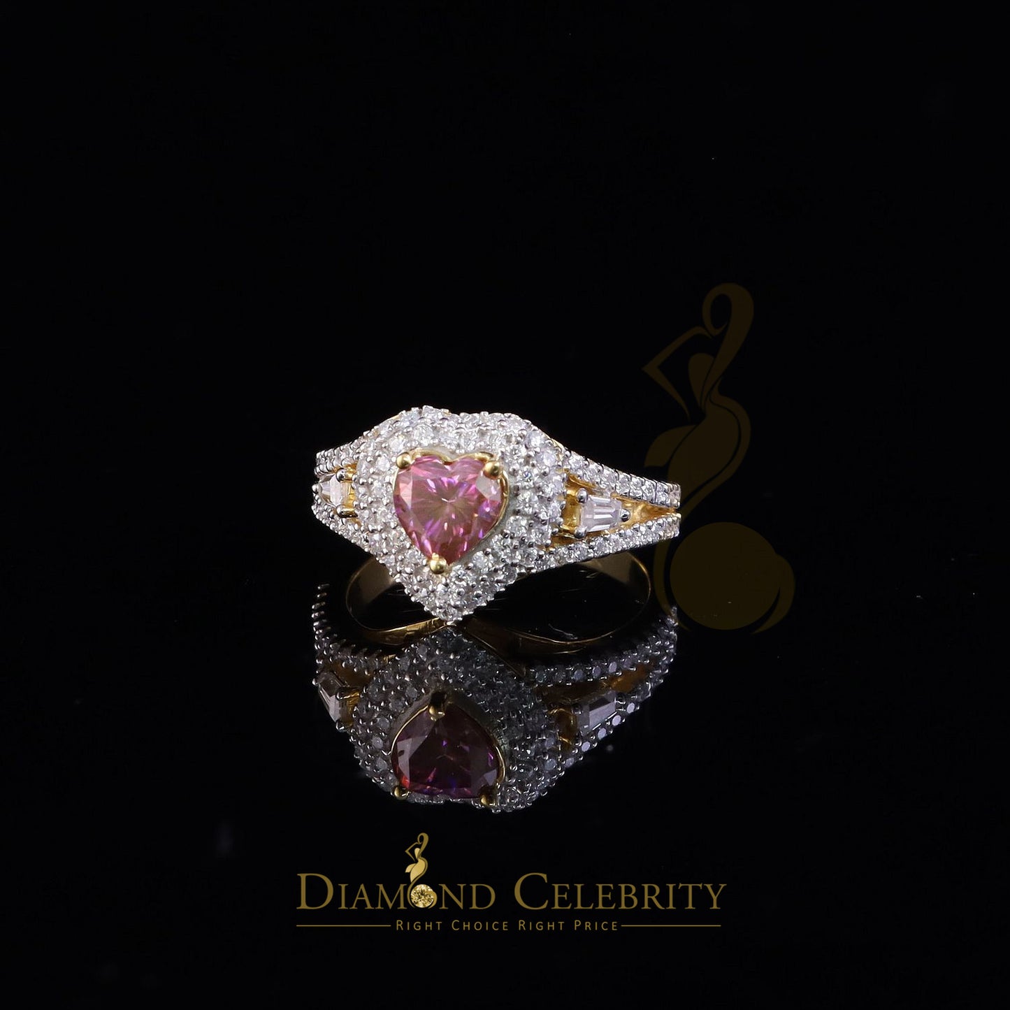 DiamondCelebritees 1.50CT Women's 925 Silver Yellow VVS D Pink & White Moissanite Heart Ring SZ 7