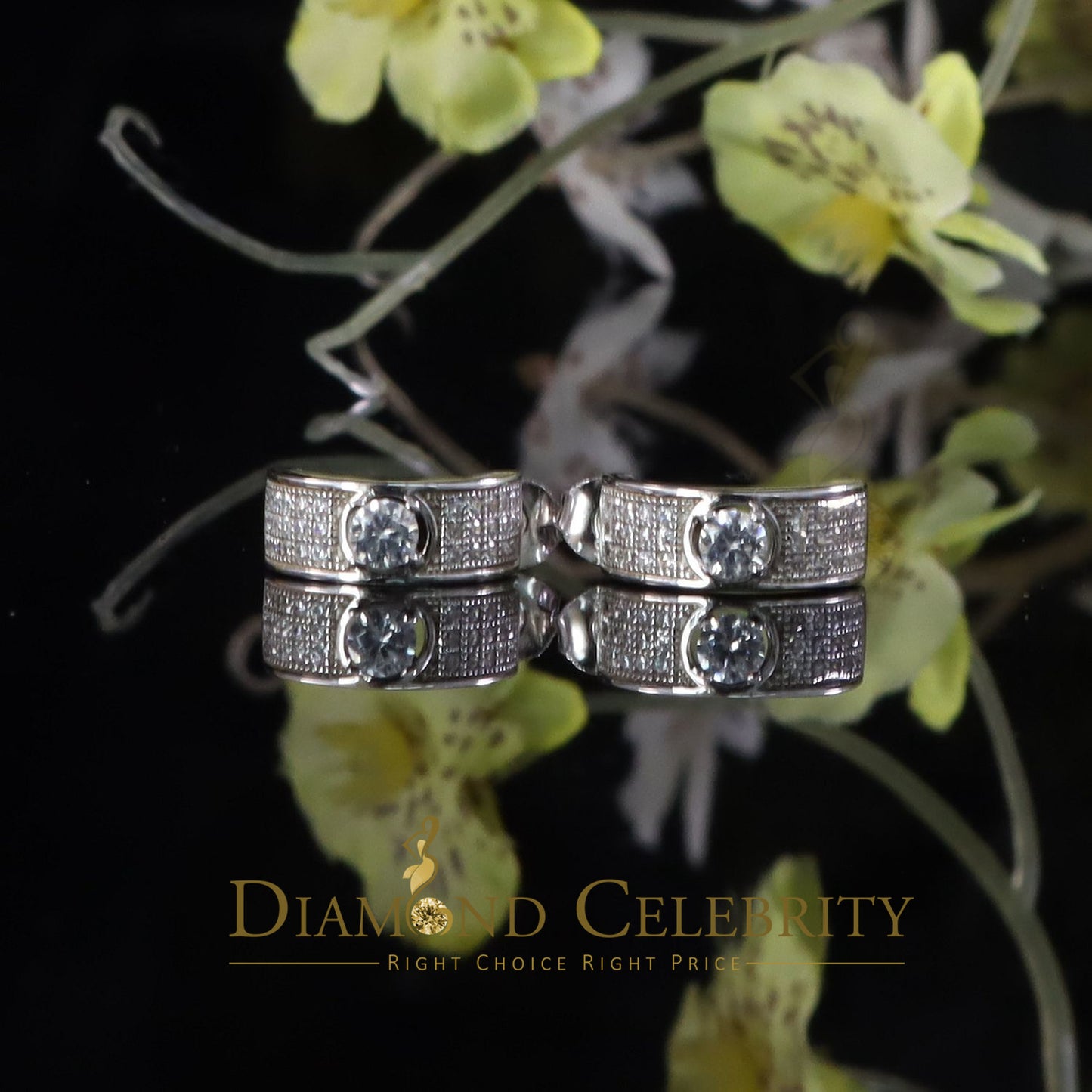 DiamondCelebritees Hip hop Mens white Gold 925 Sterling Silver Iced 2 row Huggie Hoop earrings