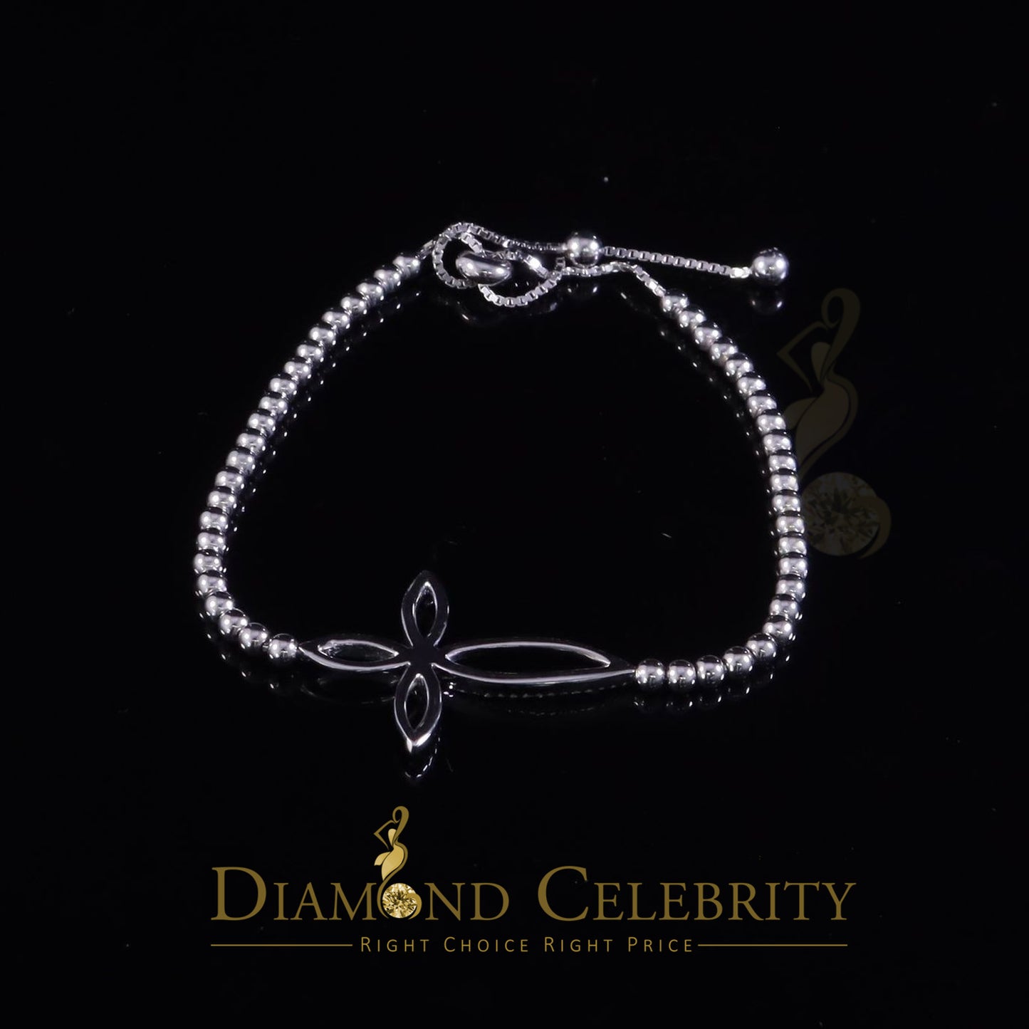 Diamondcelebritees Adjustable Cross Pearl Style Chain White Sterlng Silver Cubic Zirconia Bracelete