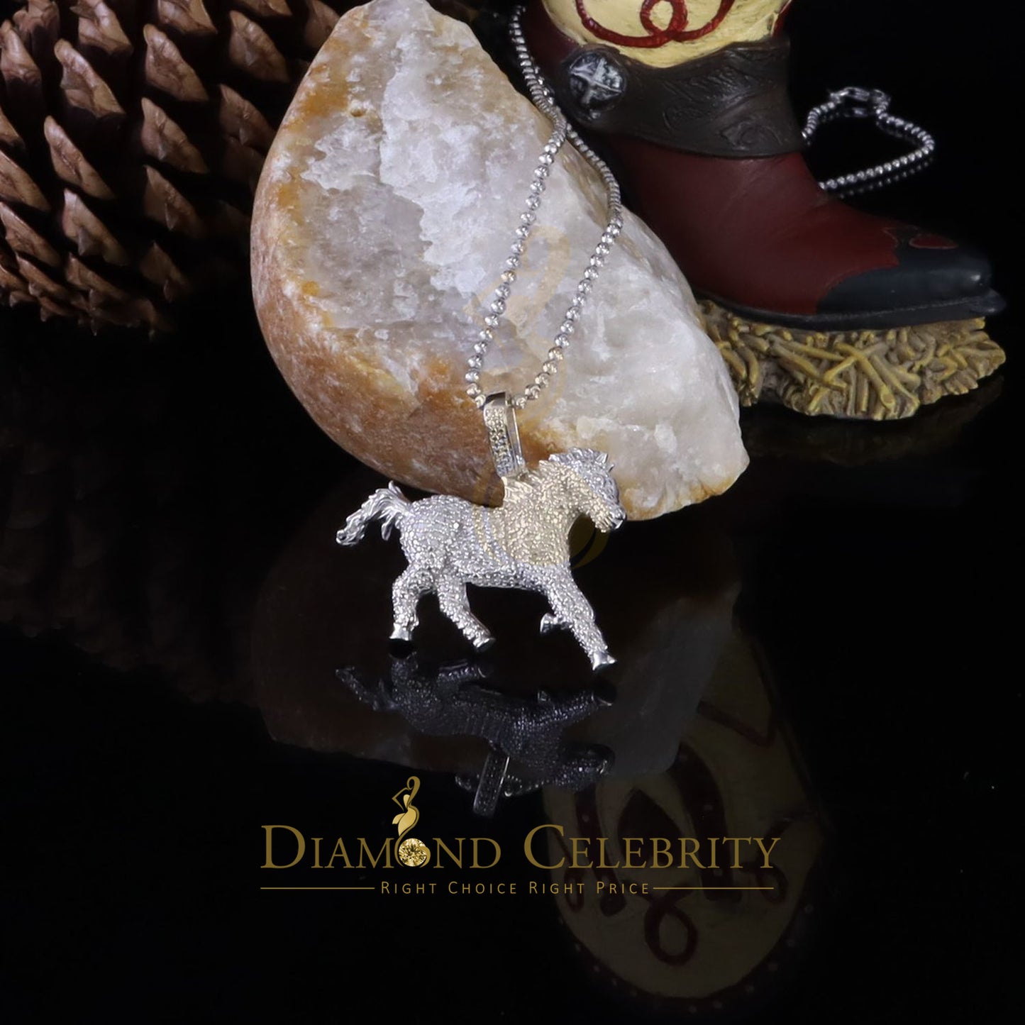 DiamondCelebritees Real 0.33ct Diamond 925 Sterling Silver HORSE White Charm Necklace Pendant