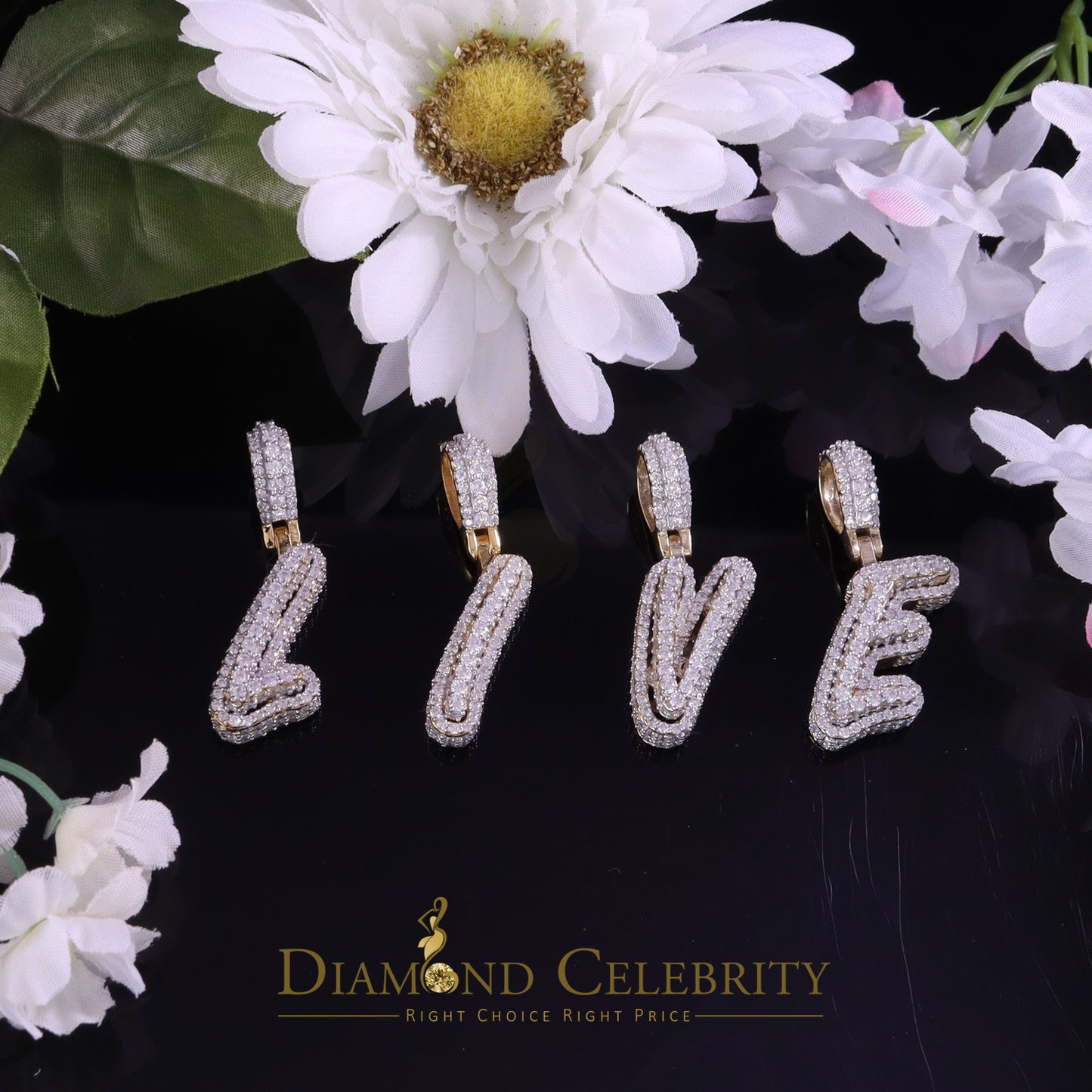 DiamondCelebritees Yellow Cursive 3D Alphabet Shape 925 Sterling Silver Cubic Zirconia Pendant