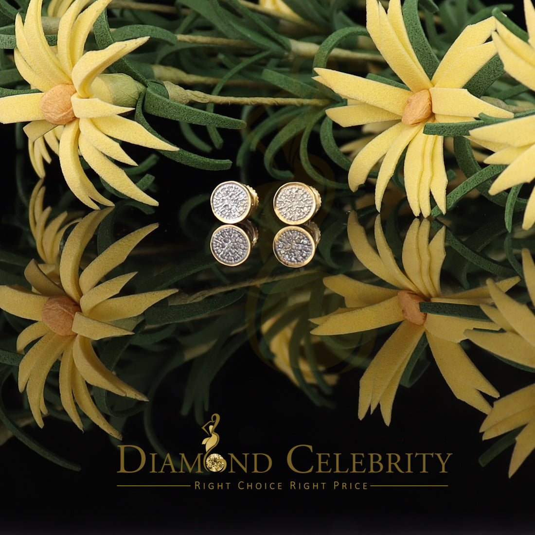 DiamondCelebriteesMen's 10K Real Yellow Gold with Real 0.05ct Diamond Round Stud Earring for Women