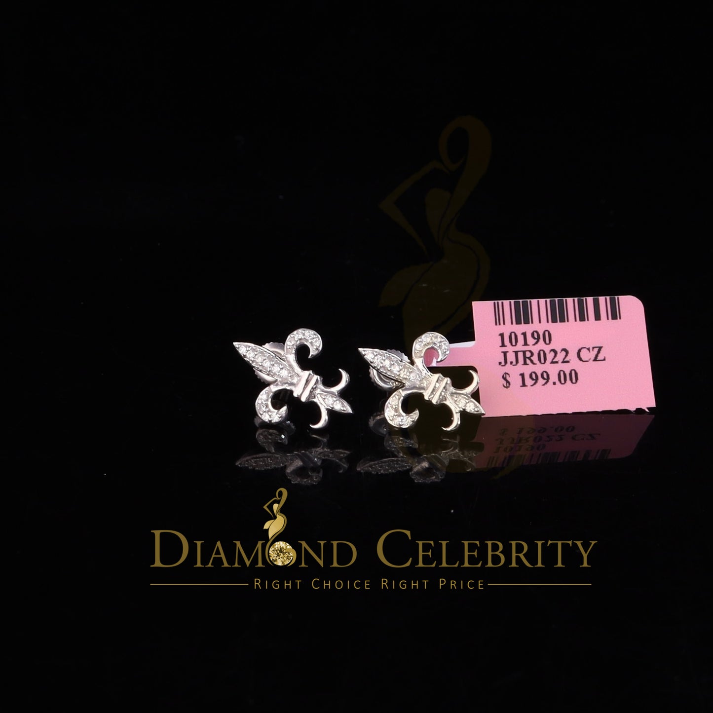 DiamondCelebritees 925 White Silver Fleur de Lis Screw Back 0.25ct Cubic Zirconia Women's Earrings