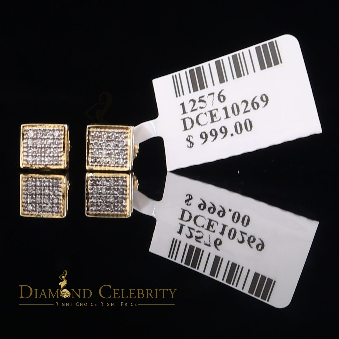DiamondCelebriteesReal 10K Yellow Gold Square Earrings with 0.10CT Real Diamonds