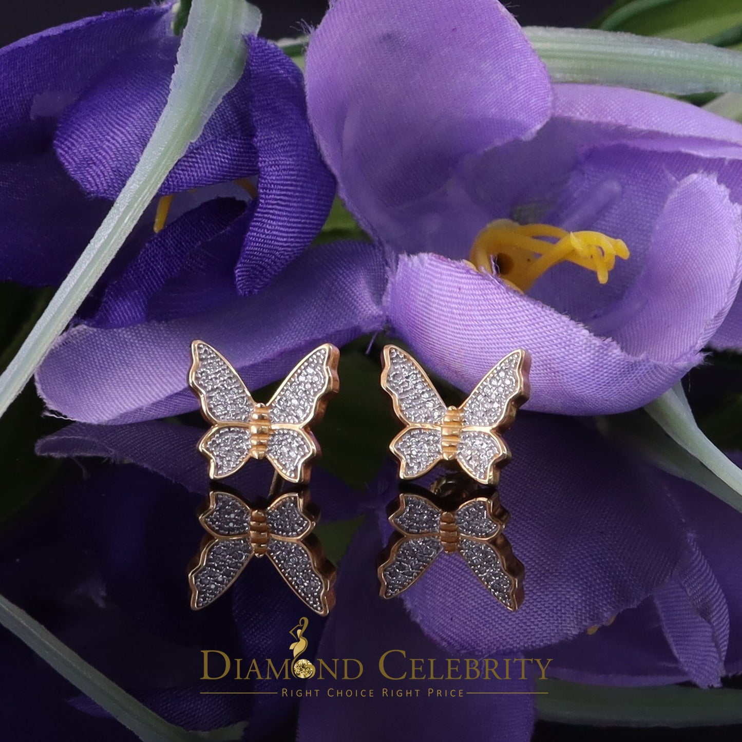 DiamondCelebritees Butterfly Stud Earrings Yellow 925 Sterling Silver Women's 0.50ct Cubic Zirconia