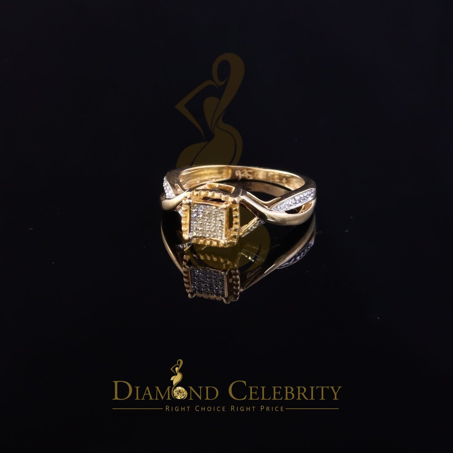 DiamondCelebritees 0.10CT Real Diamond 925 Sterling Yellow Silver Style Square Womens Ring Size 7