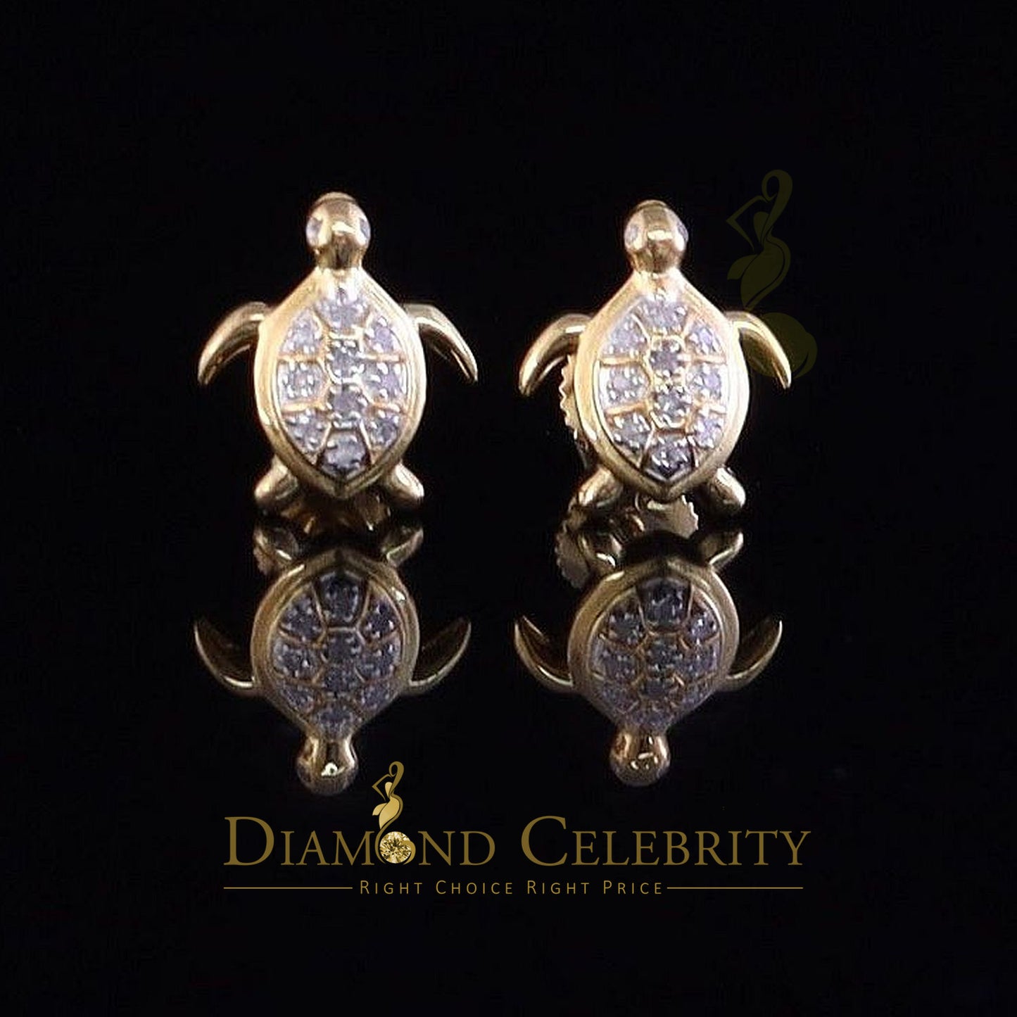 DiamondCelebritees 925 Sterling Yellow Silver 0.10ct Diamond Turtle Earrings For Women's & Men's