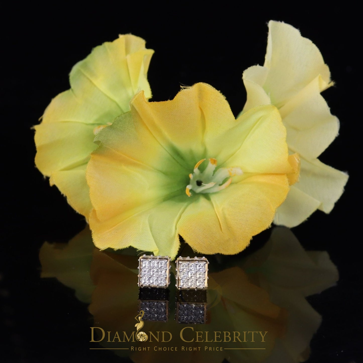 DiamondCelebritees 925 Yellow Silver Screw Back Cubic Zirconia 5.94ct Women & Men Square Earrings