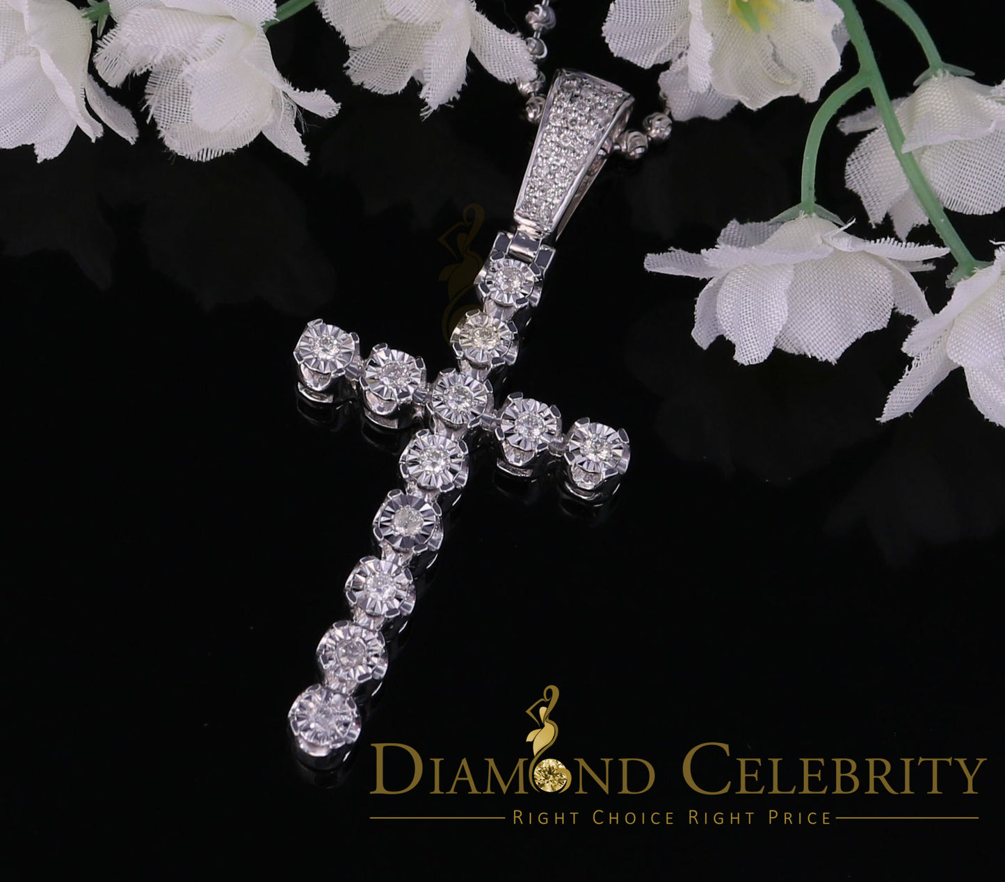 DiamondCelebritees Real 1.25ct Diamond Sterling Silver CROSS Charm Necklace Pendant in White