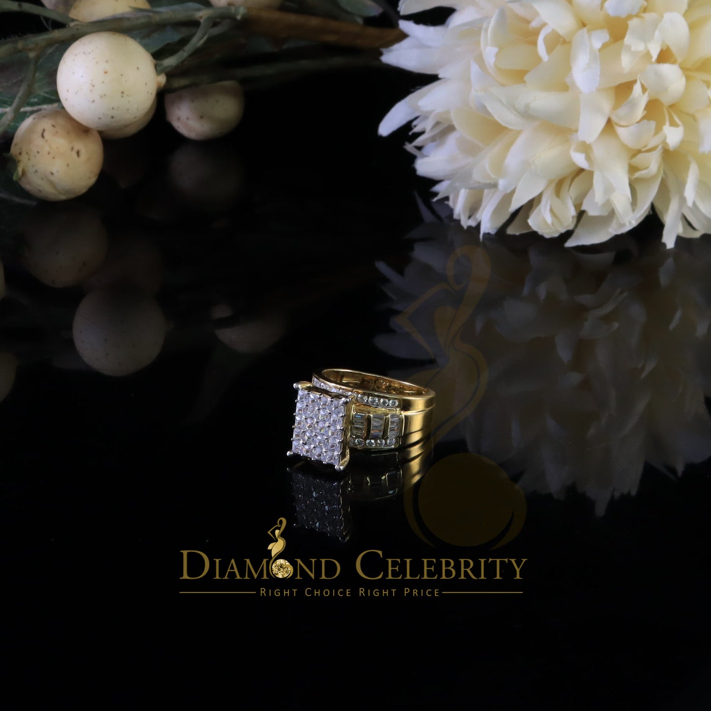 DiamondCelebritees 925 Sterling Yellow Silver Square 1.75 ct Cubic Zirconia Womens Ring Size 8