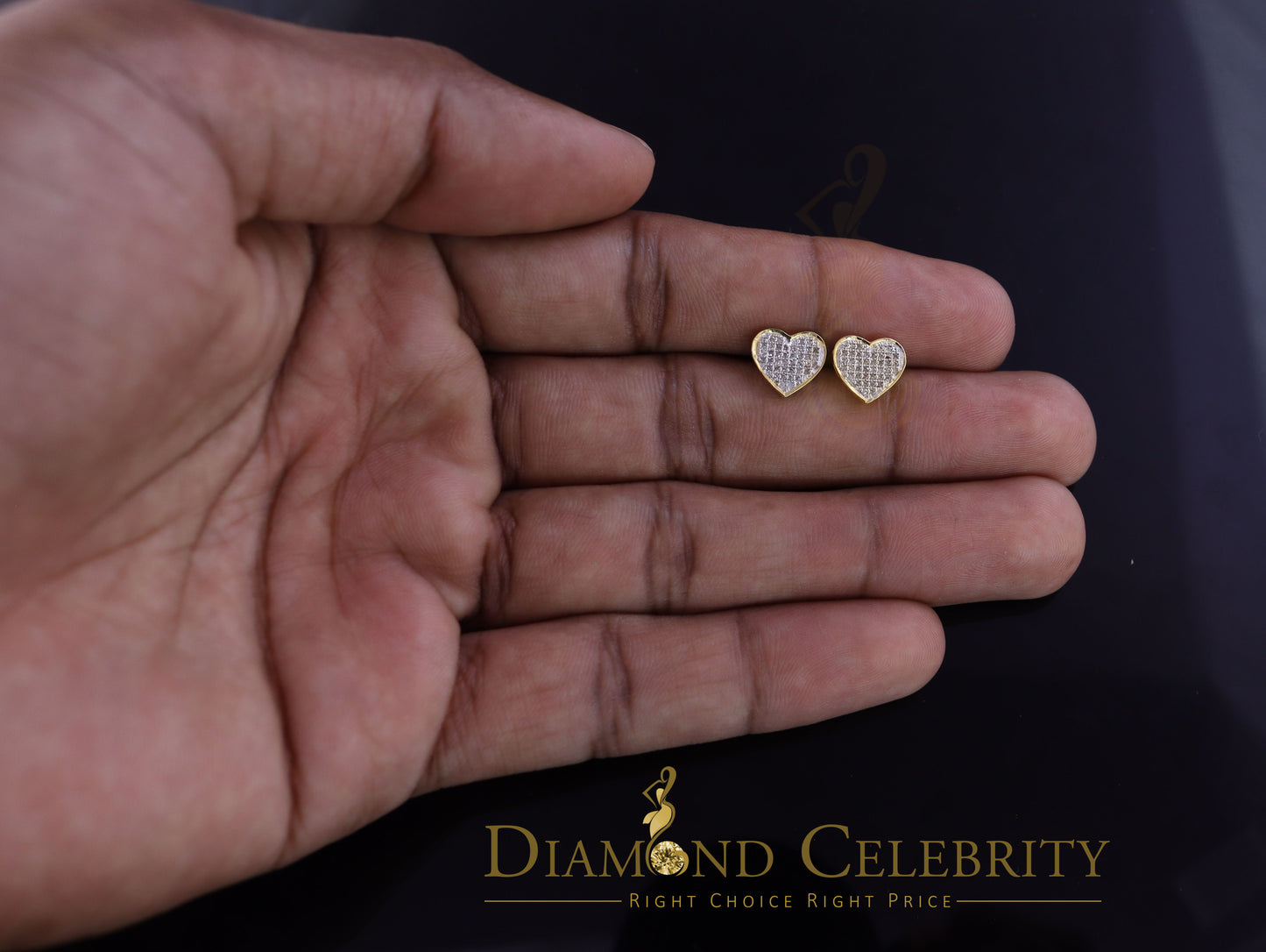 DiamondCelebritees Real 10K Yellow Gold Heart Round Stud 8.58mm Earrings with Real 0.25CT Diamonds