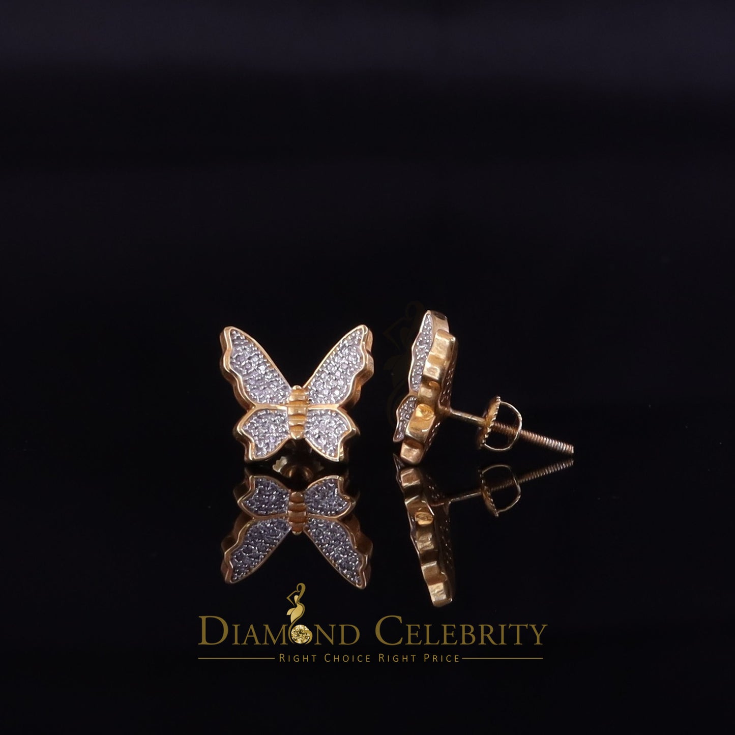 DiamondCelebritees Butterfly Stud Earrings Yellow 925 Sterling Silver Women's 0.50ct Cubic Zirconia